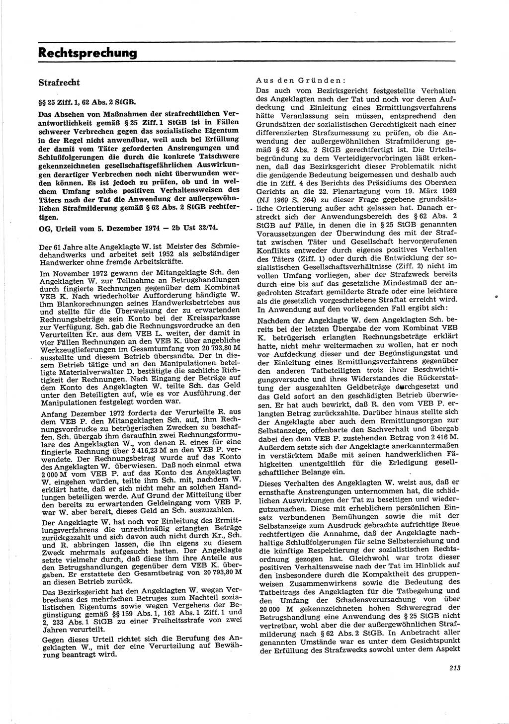 Neue Justiz (NJ), Zeitschrift für Recht und Rechtswissenschaft [Deutsche Demokratische Republik (DDR)], 29. Jahrgang 1975, Seite 213 (NJ DDR 1975, S. 213)