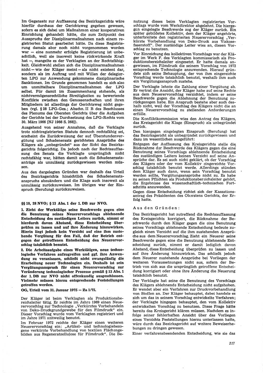 Neue Justiz (NJ), Zeitschrift für Recht und Rechtswissenschaft [Deutsche Demokratische Republik (DDR)], 29. Jahrgang 1975, Seite 217 (NJ DDR 1975, S. 217)