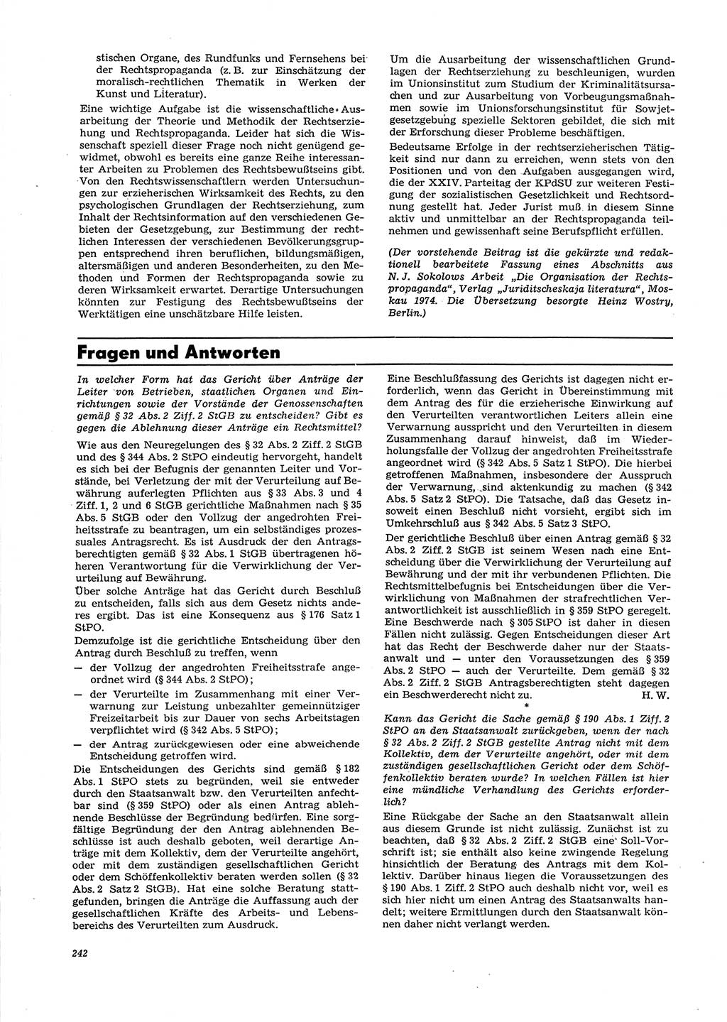 Neue Justiz (NJ), Zeitschrift für Recht und Rechtswissenschaft [Deutsche Demokratische Republik (DDR)], 29. Jahrgang 1975, Seite 242 (NJ DDR 1975, S. 242)