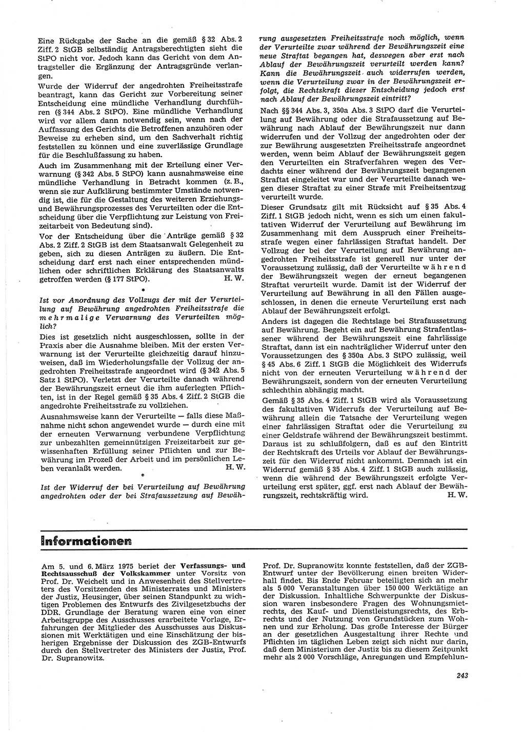 Neue Justiz (NJ), Zeitschrift für Recht und Rechtswissenschaft [Deutsche Demokratische Republik (DDR)], 29. Jahrgang 1975, Seite 243 (NJ DDR 1975, S. 243)