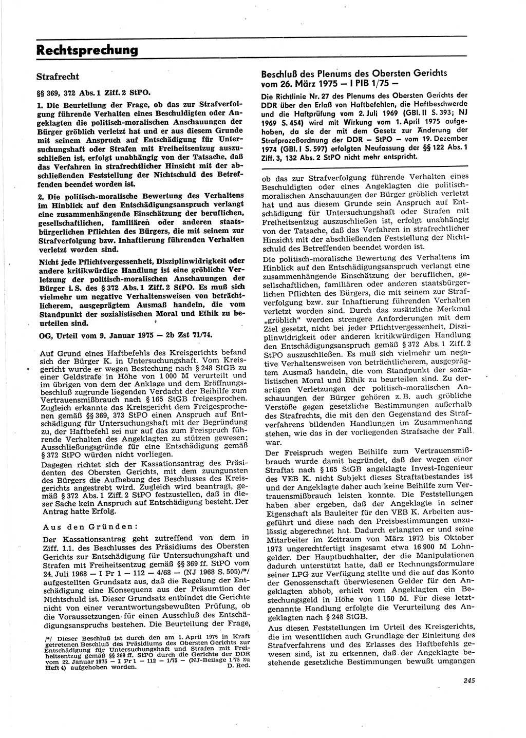 Neue Justiz (NJ), Zeitschrift für Recht und Rechtswissenschaft [Deutsche Demokratische Republik (DDR)], 29. Jahrgang 1975, Seite 245 (NJ DDR 1975, S. 245)