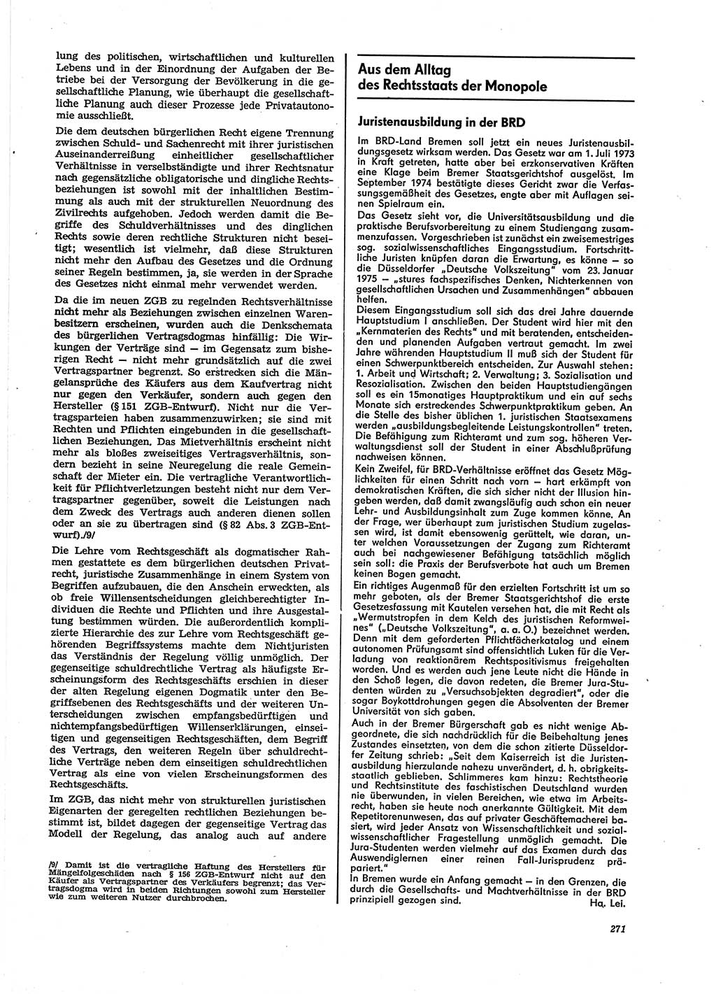 Neue Justiz (NJ), Zeitschrift für Recht und Rechtswissenschaft [Deutsche Demokratische Republik (DDR)], 29. Jahrgang 1975, Seite 271 (NJ DDR 1975, S. 271)