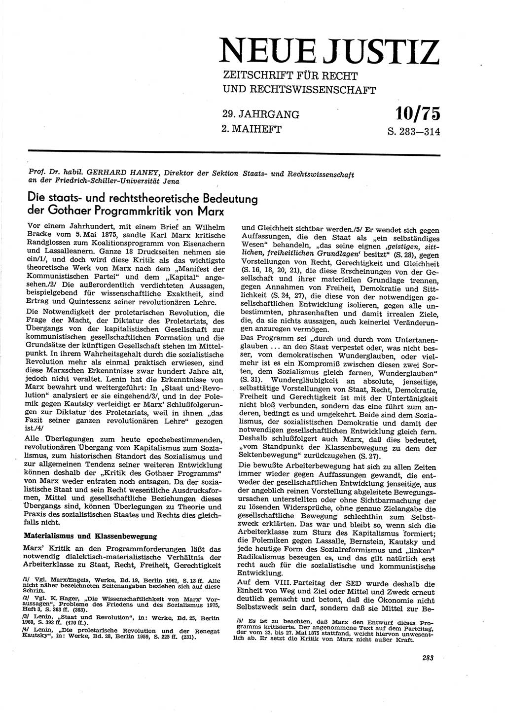 Neue Justiz (NJ), Zeitschrift für Recht und Rechtswissenschaft [Deutsche Demokratische Republik (DDR)], 29. Jahrgang 1975, Seite 283 (NJ DDR 1975, S. 283)