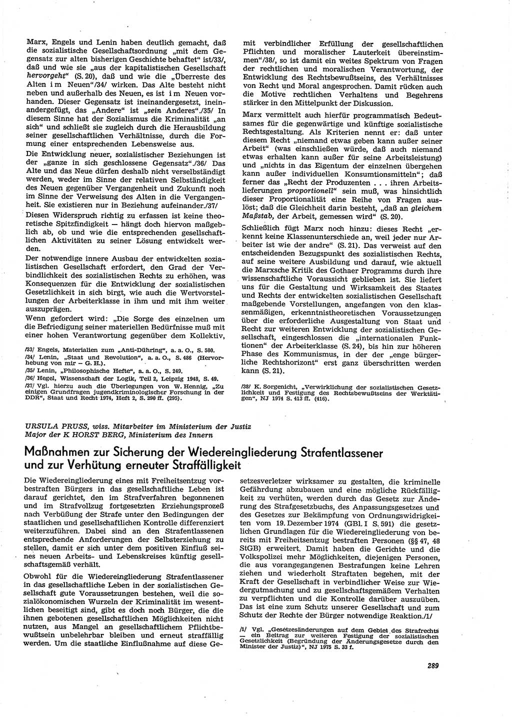 Neue Justiz (NJ), Zeitschrift für Recht und Rechtswissenschaft [Deutsche Demokratische Republik (DDR)], 29. Jahrgang 1975, Seite 289 (NJ DDR 1975, S. 289)