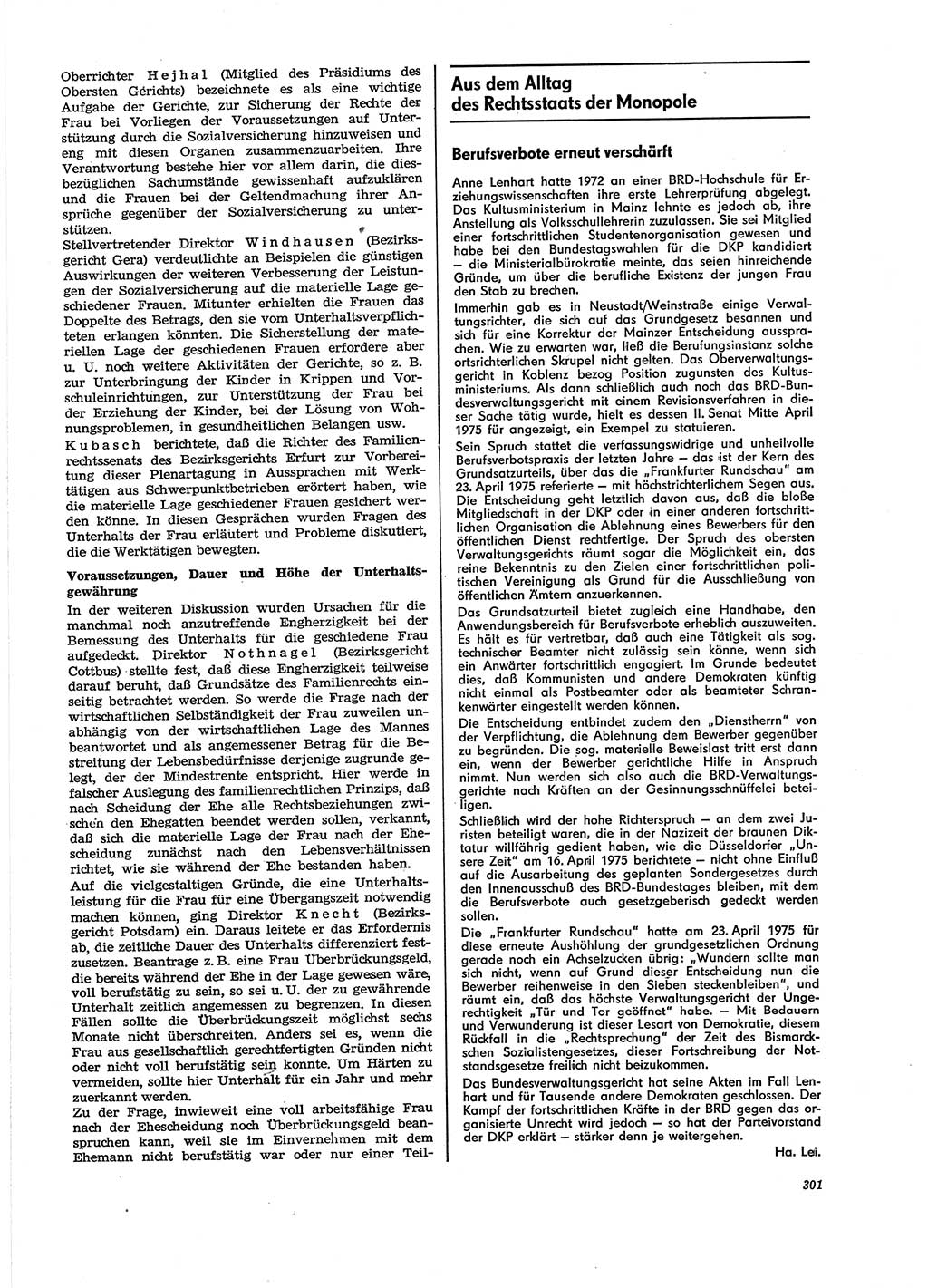 Neue Justiz (NJ), Zeitschrift für Recht und Rechtswissenschaft [Deutsche Demokratische Republik (DDR)], 29. Jahrgang 1975, Seite 301 (NJ DDR 1975, S. 301)