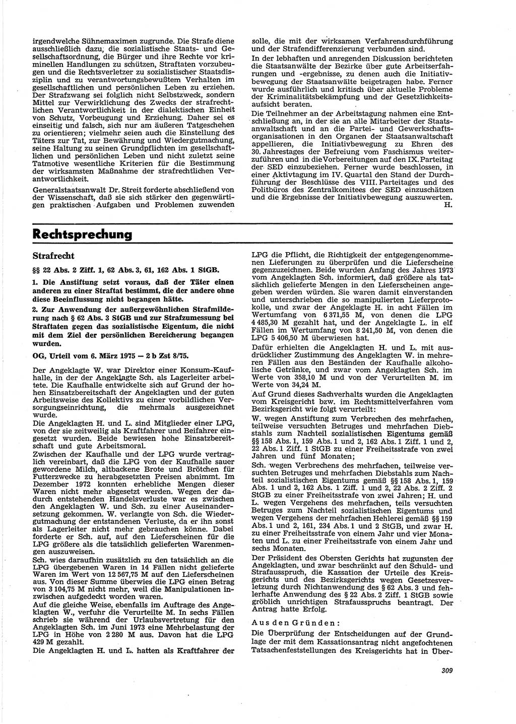 Neue Justiz (NJ), Zeitschrift für Recht und Rechtswissenschaft [Deutsche Demokratische Republik (DDR)], 29. Jahrgang 1975, Seite 309 (NJ DDR 1975, S. 309)