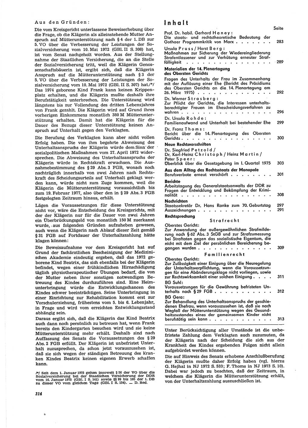 Neue Justiz (NJ), Zeitschrift für Recht und Rechtswissenschaft [Deutsche Demokratische Republik (DDR)], 29. Jahrgang 1975, Seite 314 (NJ DDR 1975, S. 314)