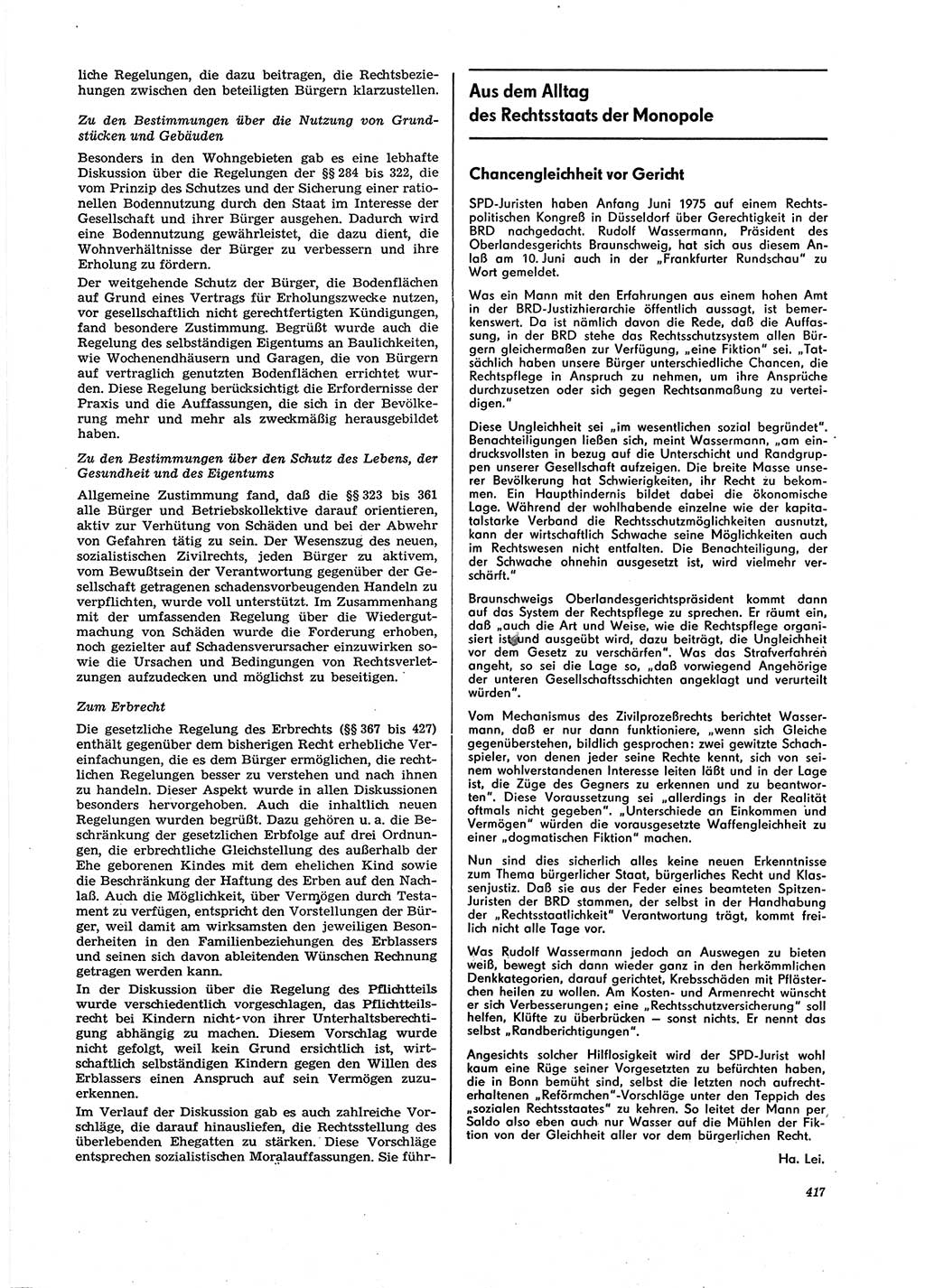 Neue Justiz (NJ), Zeitschrift für Recht und Rechtswissenschaft [Deutsche Demokratische Republik (DDR)], 29. Jahrgang 1975, Seite 417 (NJ DDR 1975, S. 417)