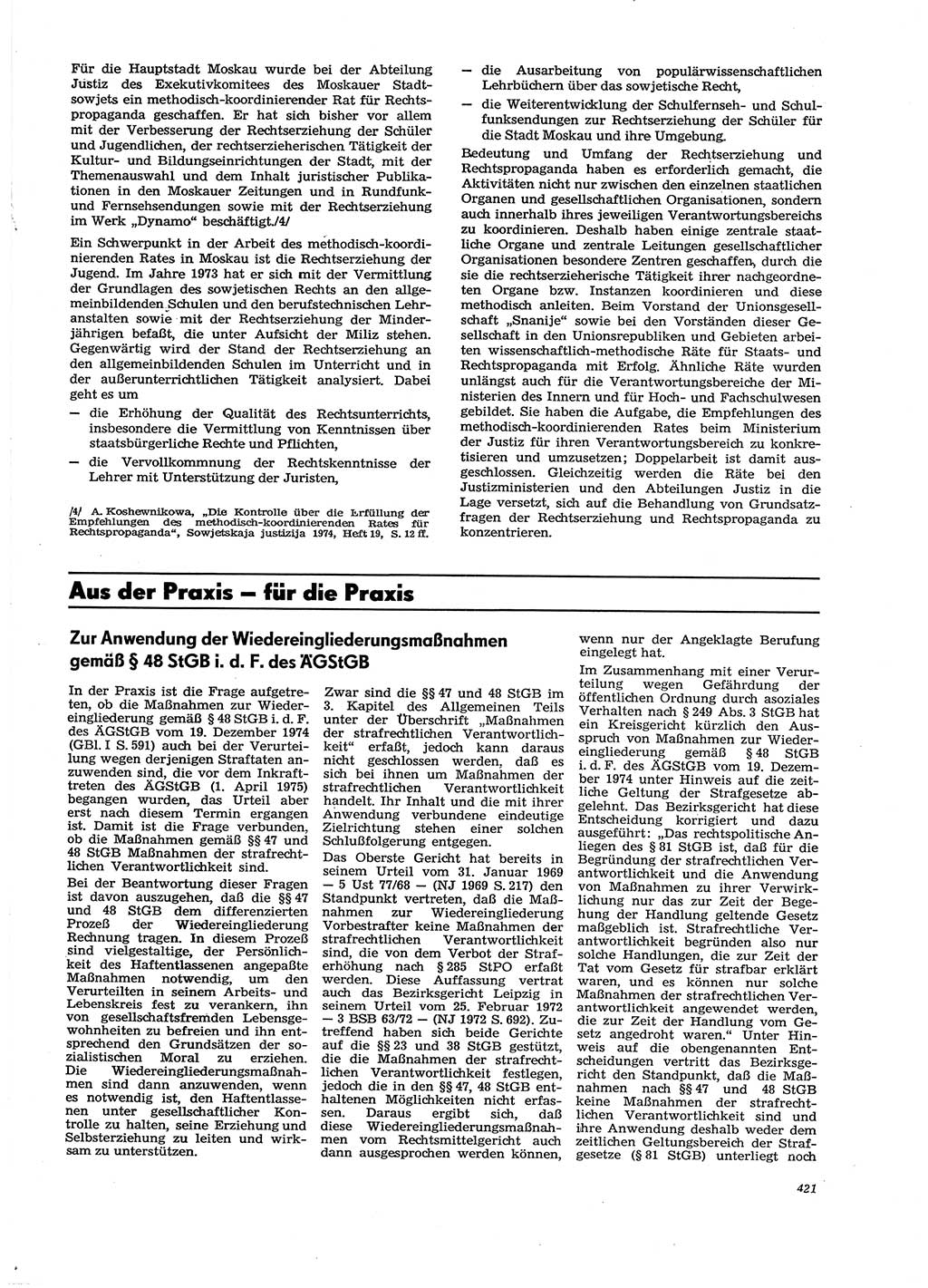 Neue Justiz (NJ), Zeitschrift für Recht und Rechtswissenschaft [Deutsche Demokratische Republik (DDR)], 29. Jahrgang 1975, Seite 421 (NJ DDR 1975, S. 421)