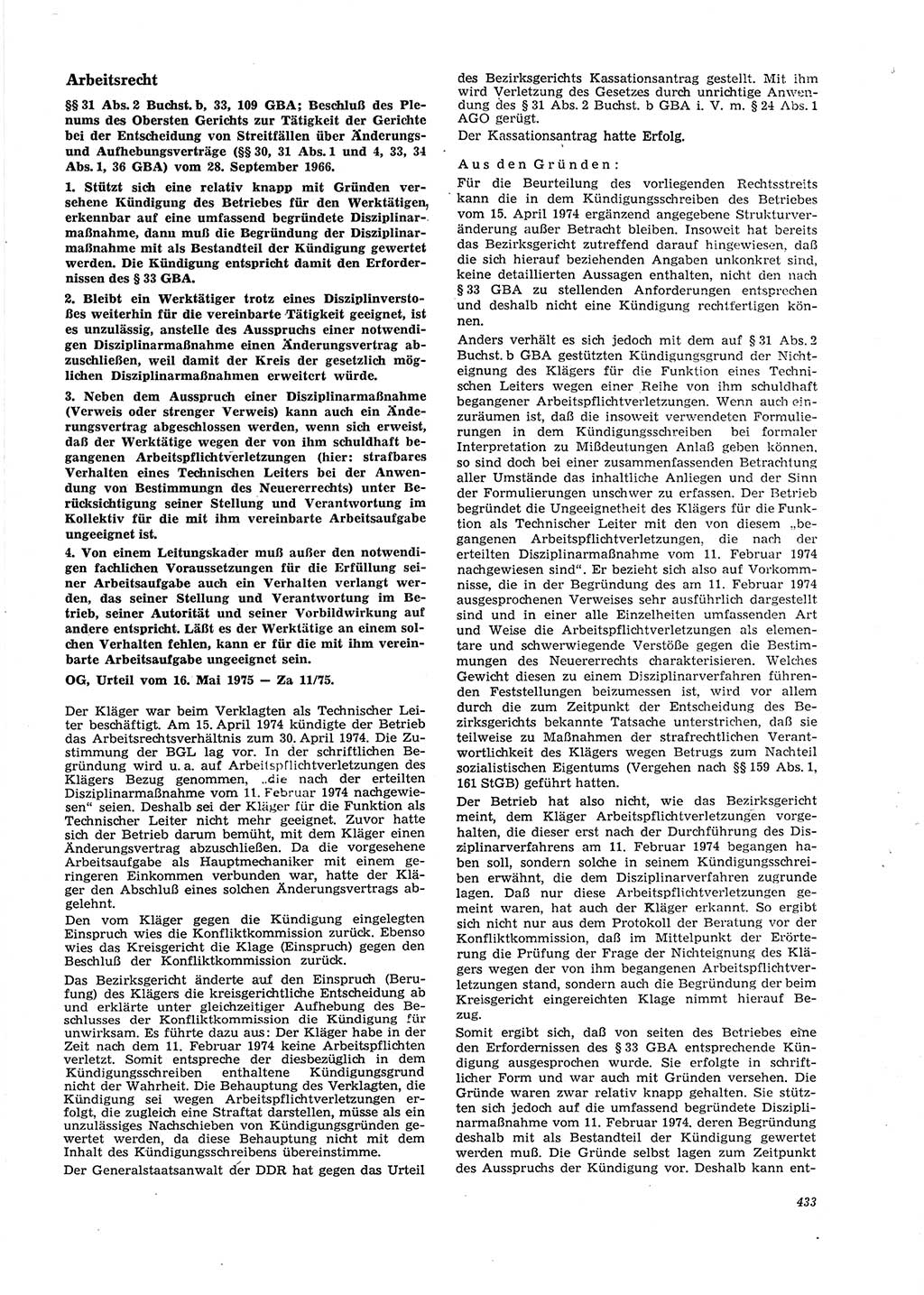 Neue Justiz (NJ), Zeitschrift für Recht und Rechtswissenschaft [Deutsche Demokratische Republik (DDR)], 29. Jahrgang 1975, Seite 433 (NJ DDR 1975, S. 433)