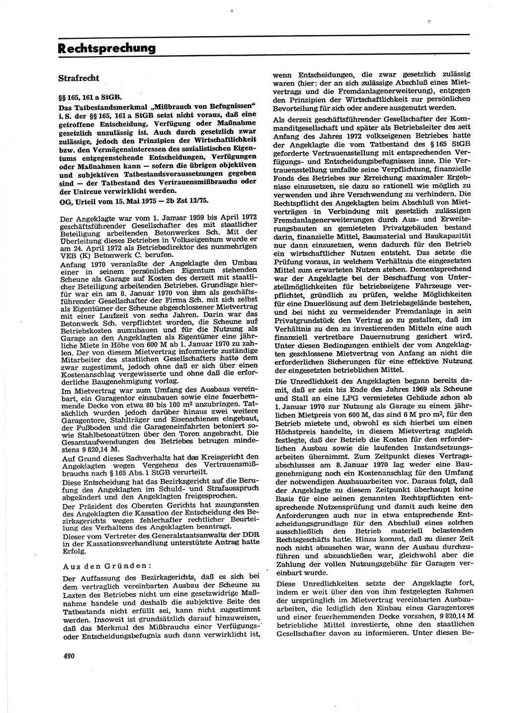 Neue Justiz (NJ), Zeitschrift für Recht und Rechtswissenschaft [Deutsche Demokratische Republik (DDR)], 29. Jahrgang 1975, Seite 490 (NJ DDR 1975, S. 490)