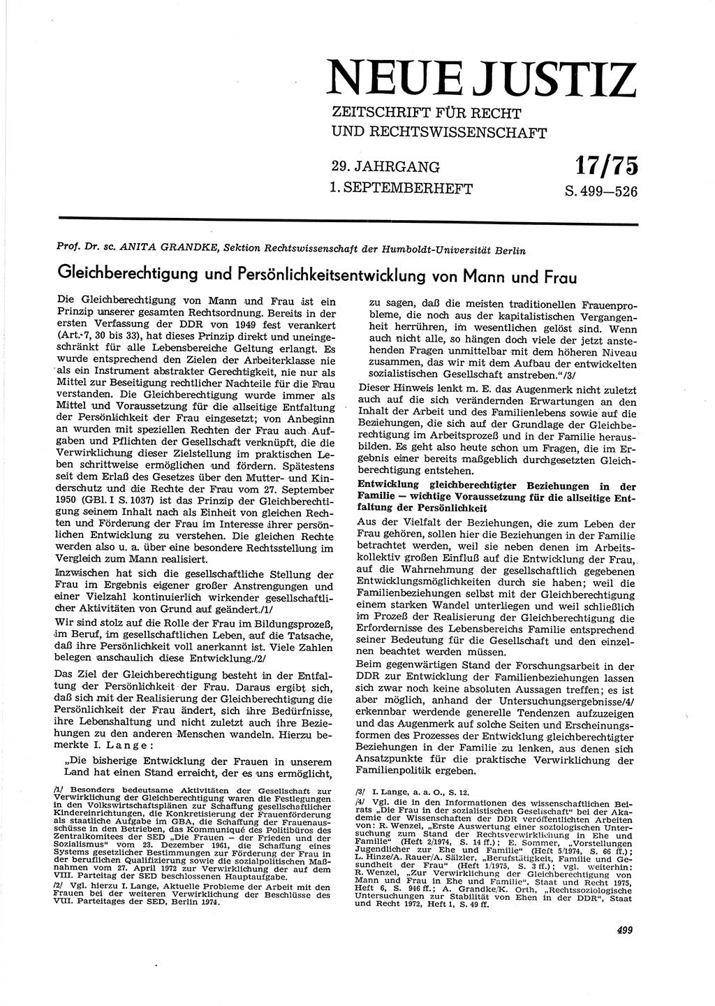 Neue Justiz (NJ), Zeitschrift für Recht und Rechtswissenschaft [Deutsche Demokratische Republik (DDR)], 29. Jahrgang 1975, Seite 499 (NJ DDR 1975, S. 499)