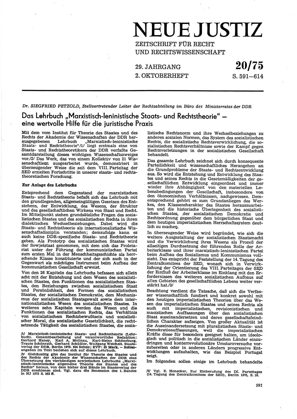 Neue Justiz (NJ), Zeitschrift für Recht und Rechtswissenschaft [Deutsche Demokratische Republik (DDR)], 29. Jahrgang 1975, Seite 591 (NJ DDR 1975, S. 591)
