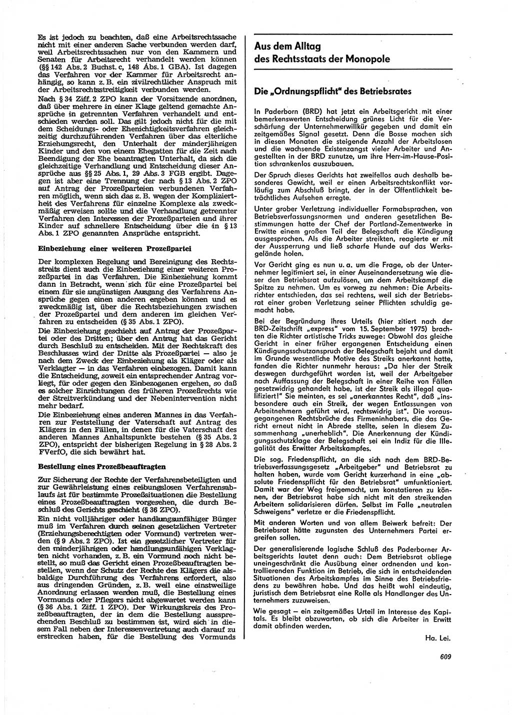 Neue Justiz (NJ), Zeitschrift für Recht und Rechtswissenschaft [Deutsche Demokratische Republik (DDR)], 29. Jahrgang 1975, Seite 609 (NJ DDR 1975, S. 609)