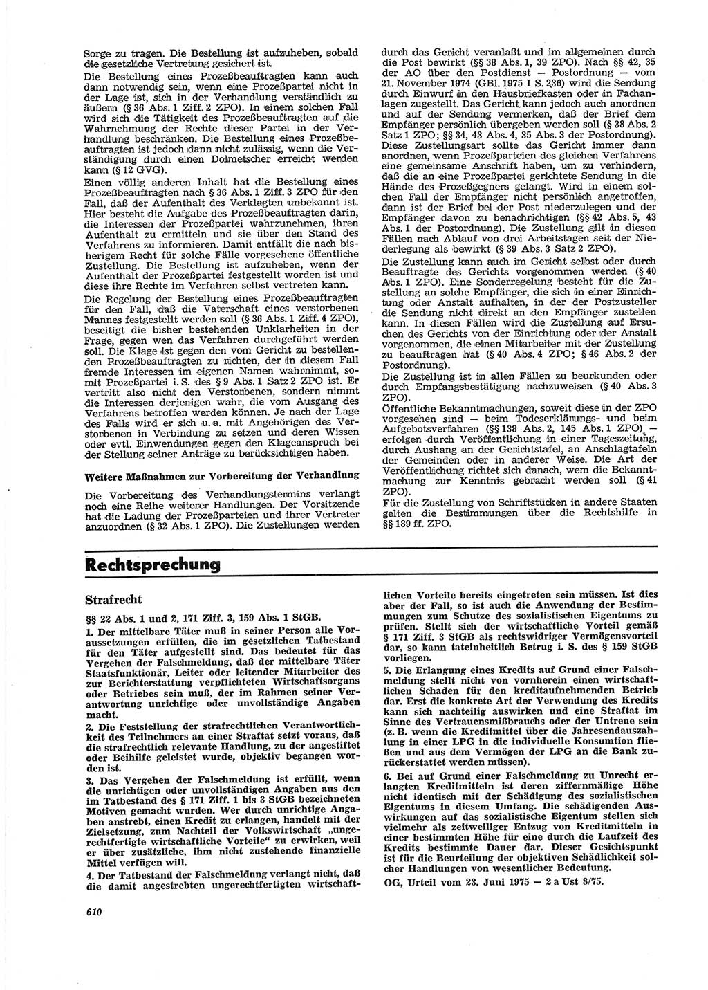 Neue Justiz (NJ), Zeitschrift für Recht und Rechtswissenschaft [Deutsche Demokratische Republik (DDR)], 29. Jahrgang 1975, Seite 610 (NJ DDR 1975, S. 610)