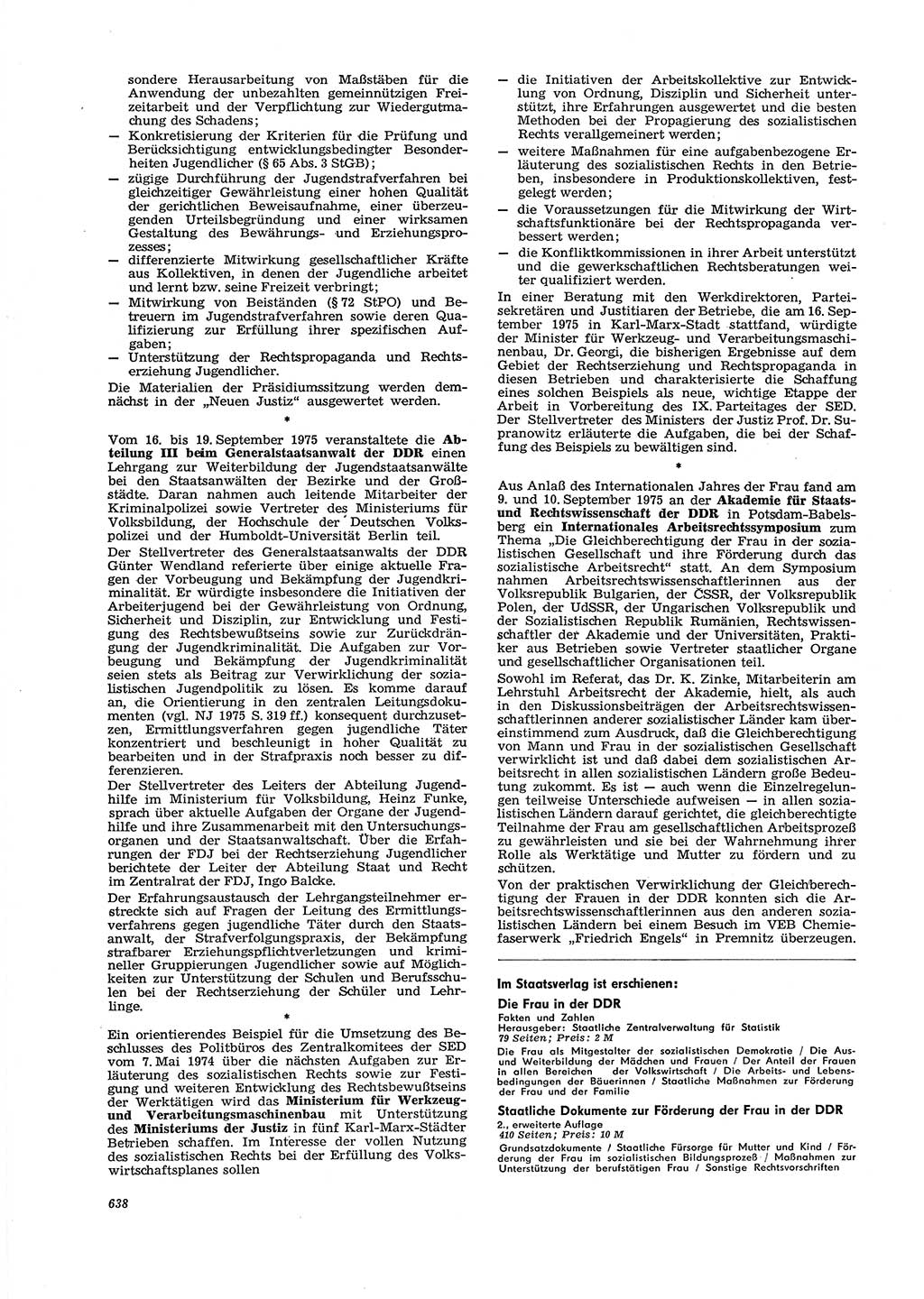 Neue Justiz (NJ), Zeitschrift für Recht und Rechtswissenschaft [Deutsche Demokratische Republik (DDR)], 29. Jahrgang 1975, Seite 638 (NJ DDR 1975, S. 638)