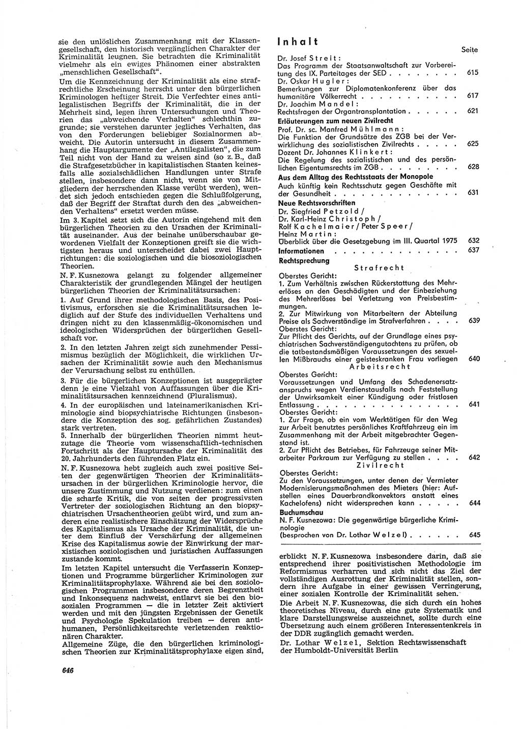 Neue Justiz (NJ), Zeitschrift für Recht und Rechtswissenschaft [Deutsche Demokratische Republik (DDR)], 29. Jahrgang 1975, Seite 646 (NJ DDR 1975, S. 646)