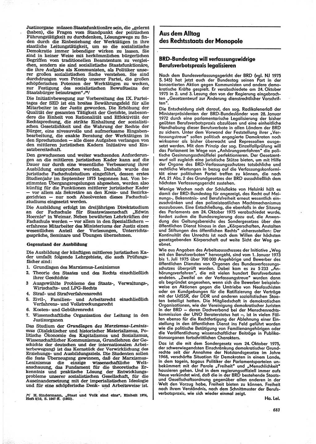 Neue Justiz (NJ), Zeitschrift für Recht und Rechtswissenschaft [Deutsche Demokratische Republik (DDR)], 29. Jahrgang 1975, Seite 683 (NJ DDR 1975, S. 683)