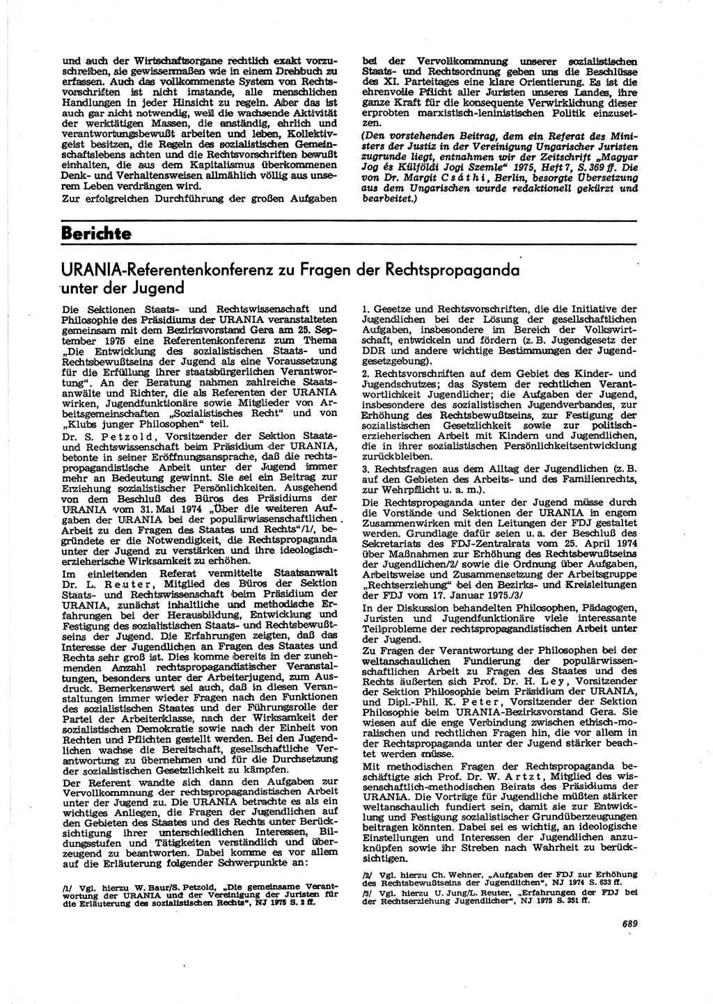 Neue Justiz (NJ), Zeitschrift für Recht und Rechtswissenschaft [Deutsche Demokratische Republik (DDR)], 29. Jahrgang 1975, Seite 689 (NJ DDR 1975, S. 689)