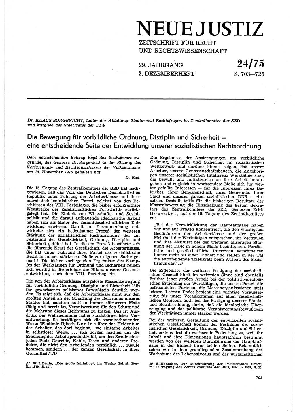 Neue Justiz (NJ), Zeitschrift für Recht und Rechtswissenschaft [Deutsche Demokratische Republik (DDR)], 29. Jahrgang 1975, Seite 703 (NJ DDR 1975, S. 703)