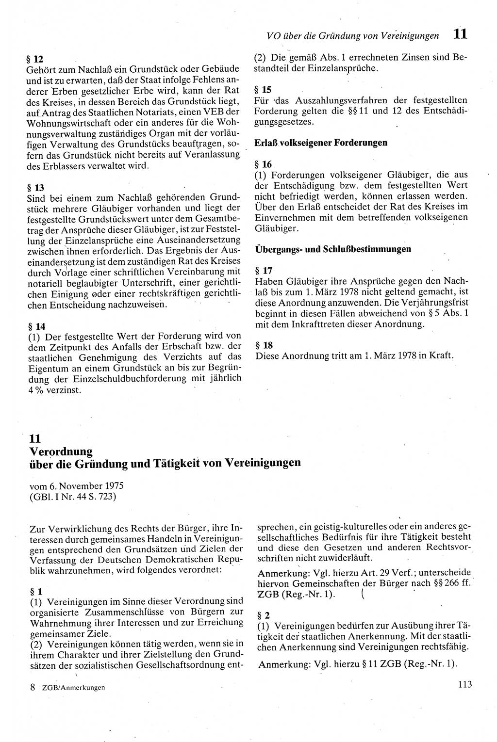 Zivilgesetzbuch (ZVG) sowie angrenzende Gesetze und Bestimmungen [Deutsche Demokratische Republik (DDR)] 1975, Seite 113 (ZGB Ges. Best. DDR 1975, S. 113)