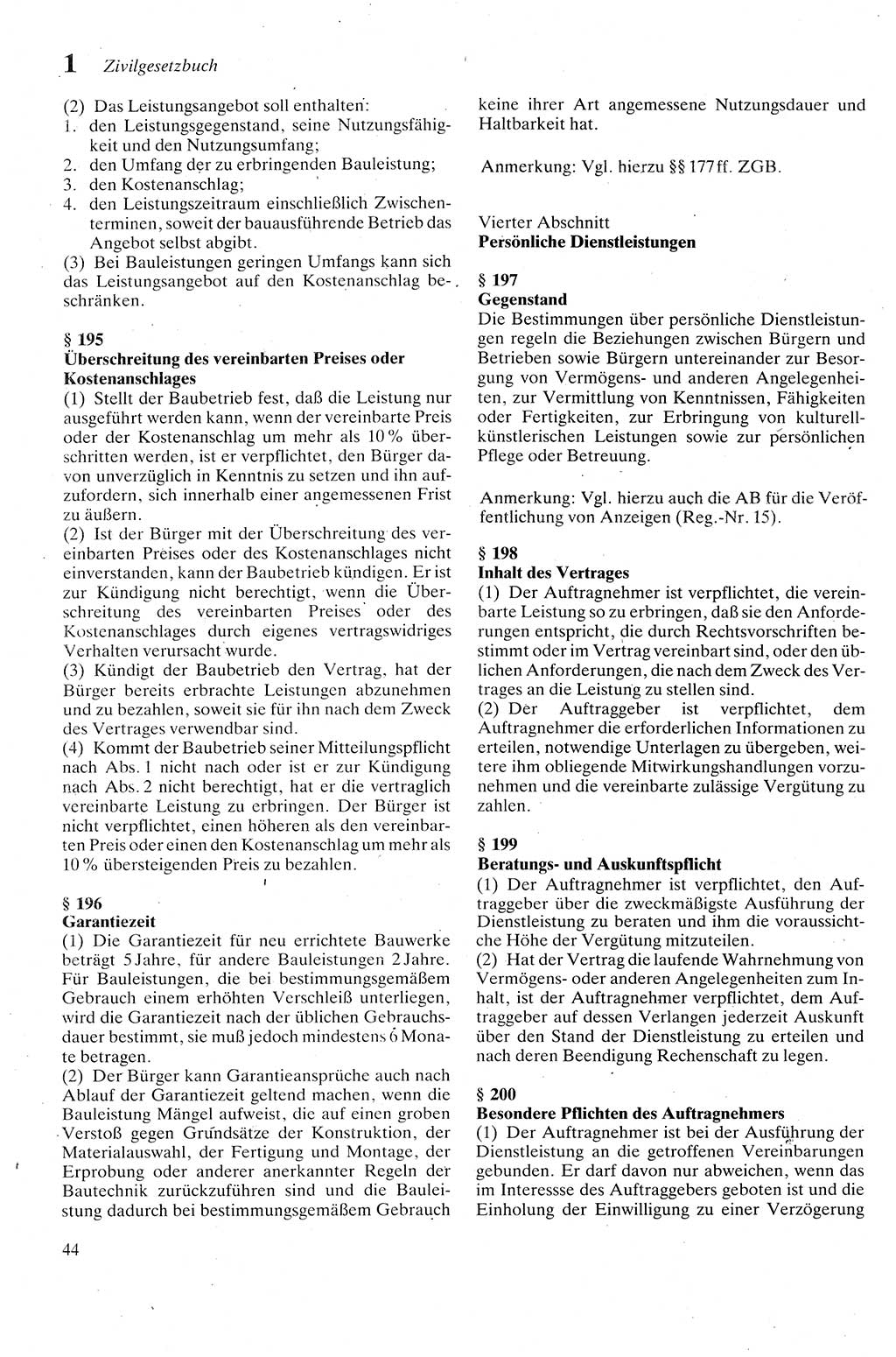 Zivilgesetzbuch (ZVG) sowie angrenzende Gesetze und Bestimmungen [Deutsche Demokratische Republik (DDR)] 1975, Seite 44 (ZGB Ges. Best. DDR 1975, S. 44)
