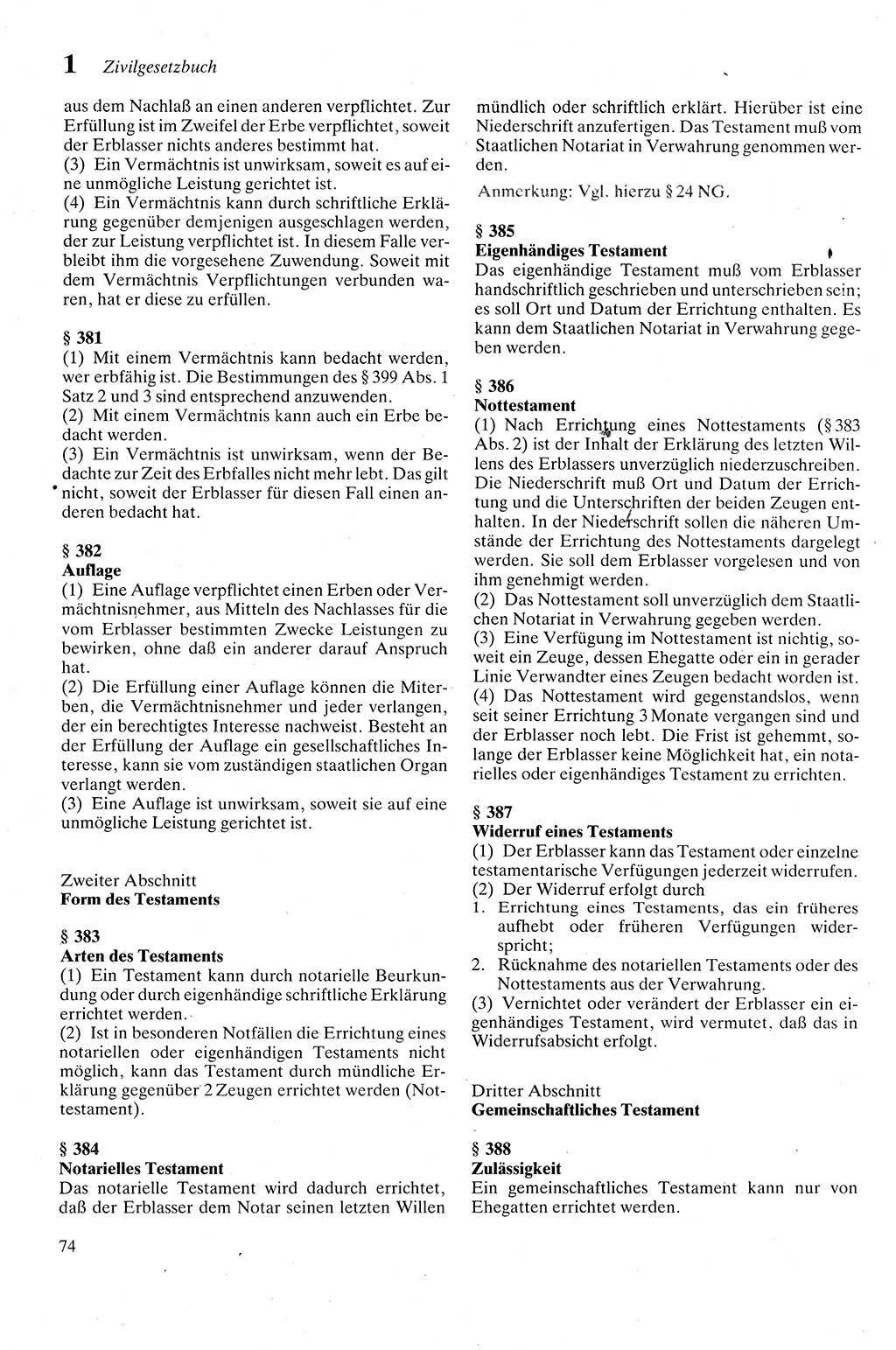 Zivilgesetzbuch (ZVG) sowie angrenzende Gesetze und Bestimmungen [Deutsche Demokratische Republik (DDR)] 1975, Seite 74 (ZGB Ges. Best. DDR 1975, S. 74)