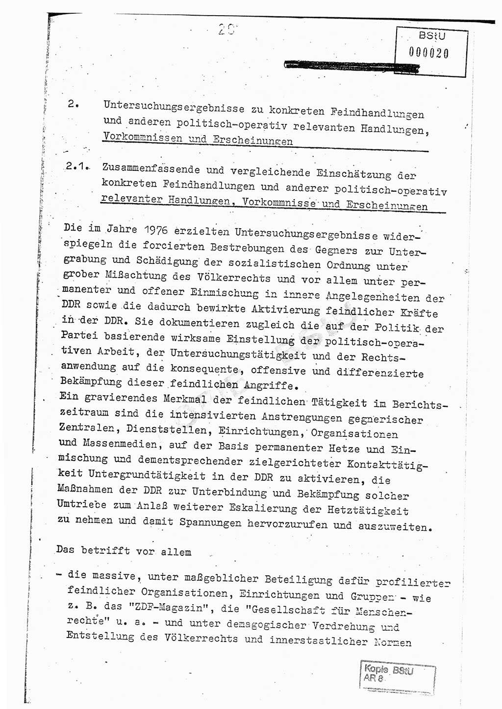 Jahresbericht der Hauptabteilung (HA) Ⅸ 1976, Analyse über die Entwicklung und die Wirksamkeit der politisch-operativen Arbeit der Linie Ⅸ im Jahre 1976, Ministerium für Staatssicherheit (MfS) der Deutschen Demokratischen Republik (DDR), Hauptabteilung Ⅸ, Berlin 1977, Seite 20 (Anal. MfS DDR HA Ⅸ /76 1977, S. 20)