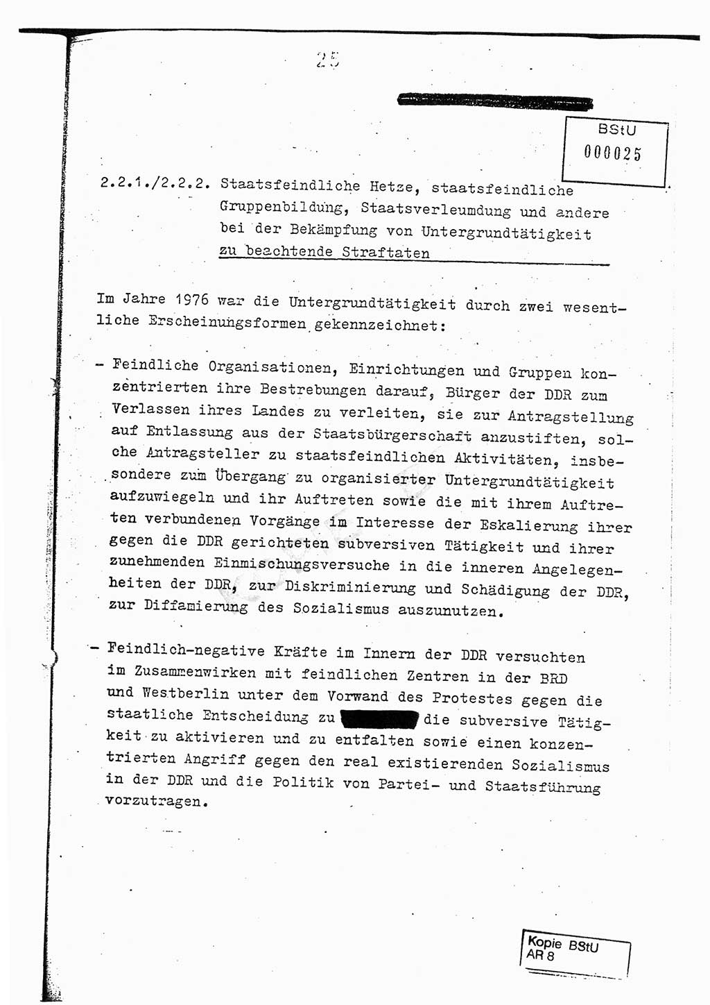 Jahresbericht der Hauptabteilung (HA) Ⅸ 1976, Analyse über die Entwicklung und die Wirksamkeit der politisch-operativen Arbeit der Linie Ⅸ im Jahre 1976, Ministerium für Staatssicherheit (MfS) der Deutschen Demokratischen Republik (DDR), Hauptabteilung Ⅸ, Berlin 1977, Seite 25 (Anal. MfS DDR HA Ⅸ /76 1977, S. 25)