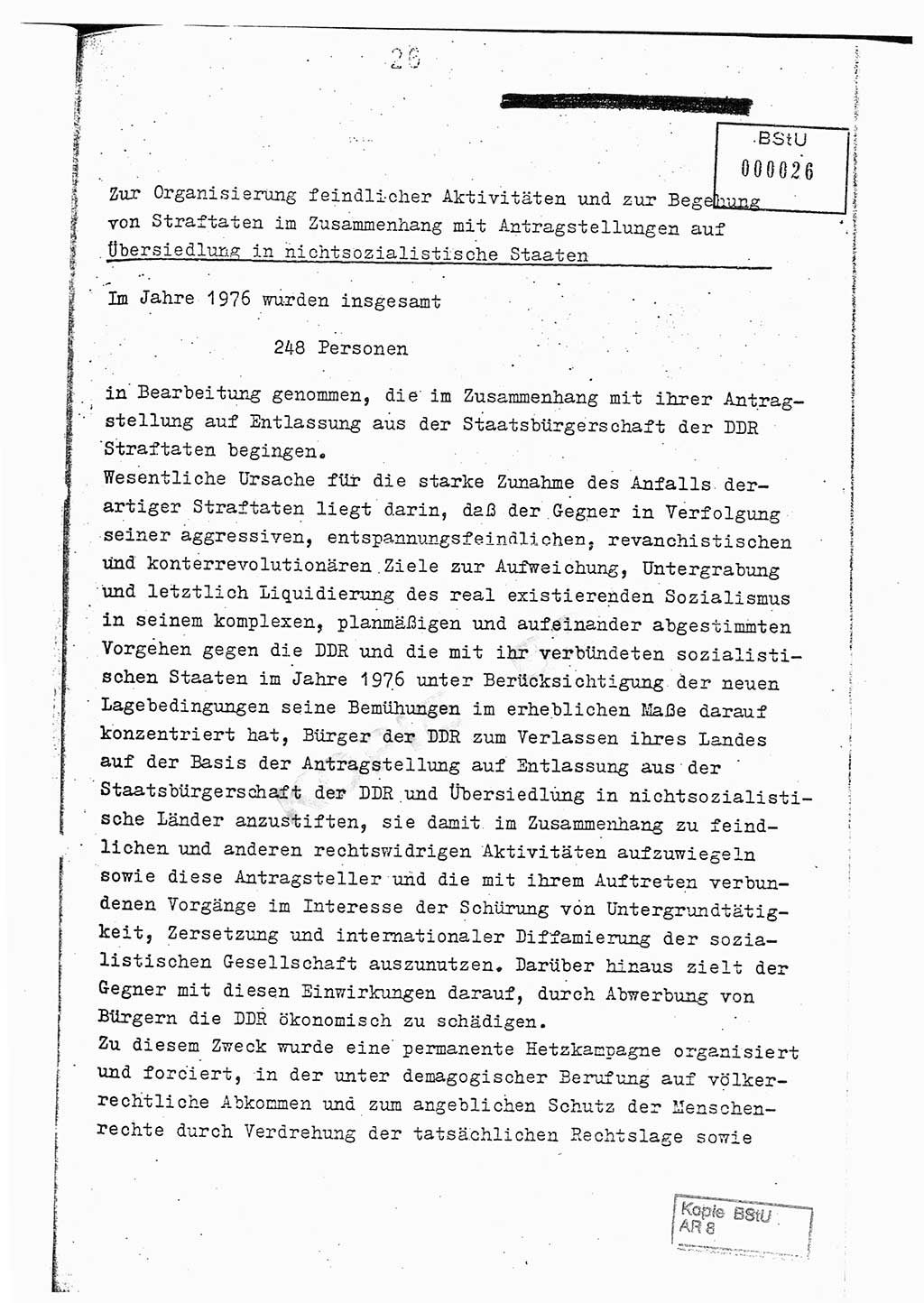 Jahresbericht der Hauptabteilung (HA) Ⅸ 1976, Analyse über die Entwicklung und die Wirksamkeit der politisch-operativen Arbeit der Linie Ⅸ im Jahre 1976, Ministerium für Staatssicherheit (MfS) der Deutschen Demokratischen Republik (DDR), Hauptabteilung Ⅸ, Berlin 1977, Seite 26 (Anal. MfS DDR HA Ⅸ /76 1977, S. 26)