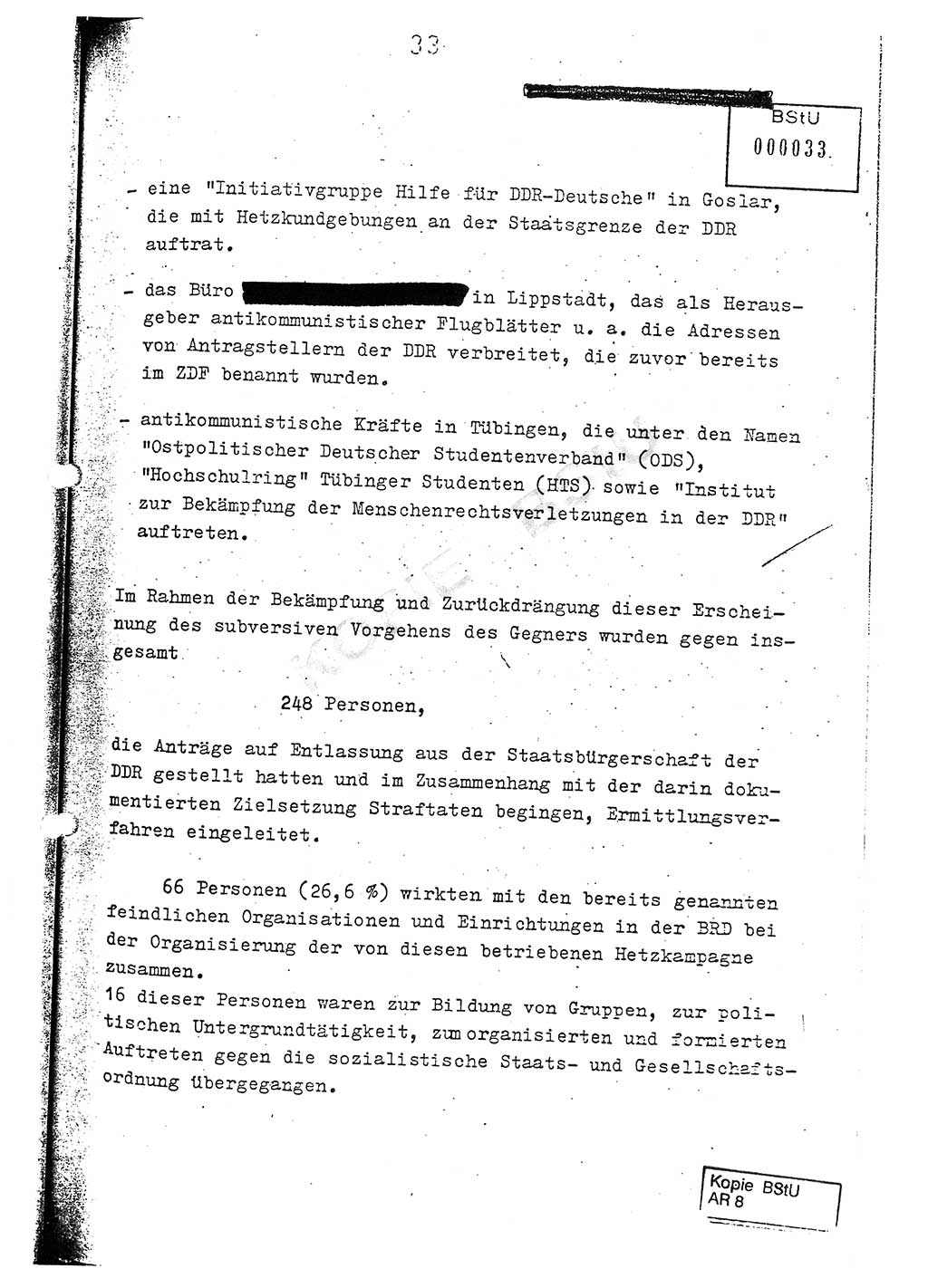 Jahresbericht der Hauptabteilung (HA) Ⅸ 1976, Analyse über die Entwicklung und die Wirksamkeit der politisch-operativen Arbeit der Linie Ⅸ im Jahre 1976, Ministerium für Staatssicherheit (MfS) der Deutschen Demokratischen Republik (DDR), Hauptabteilung Ⅸ, Berlin 1977, Seite 33 (Anal. MfS DDR HA Ⅸ /76 1977, S. 33)