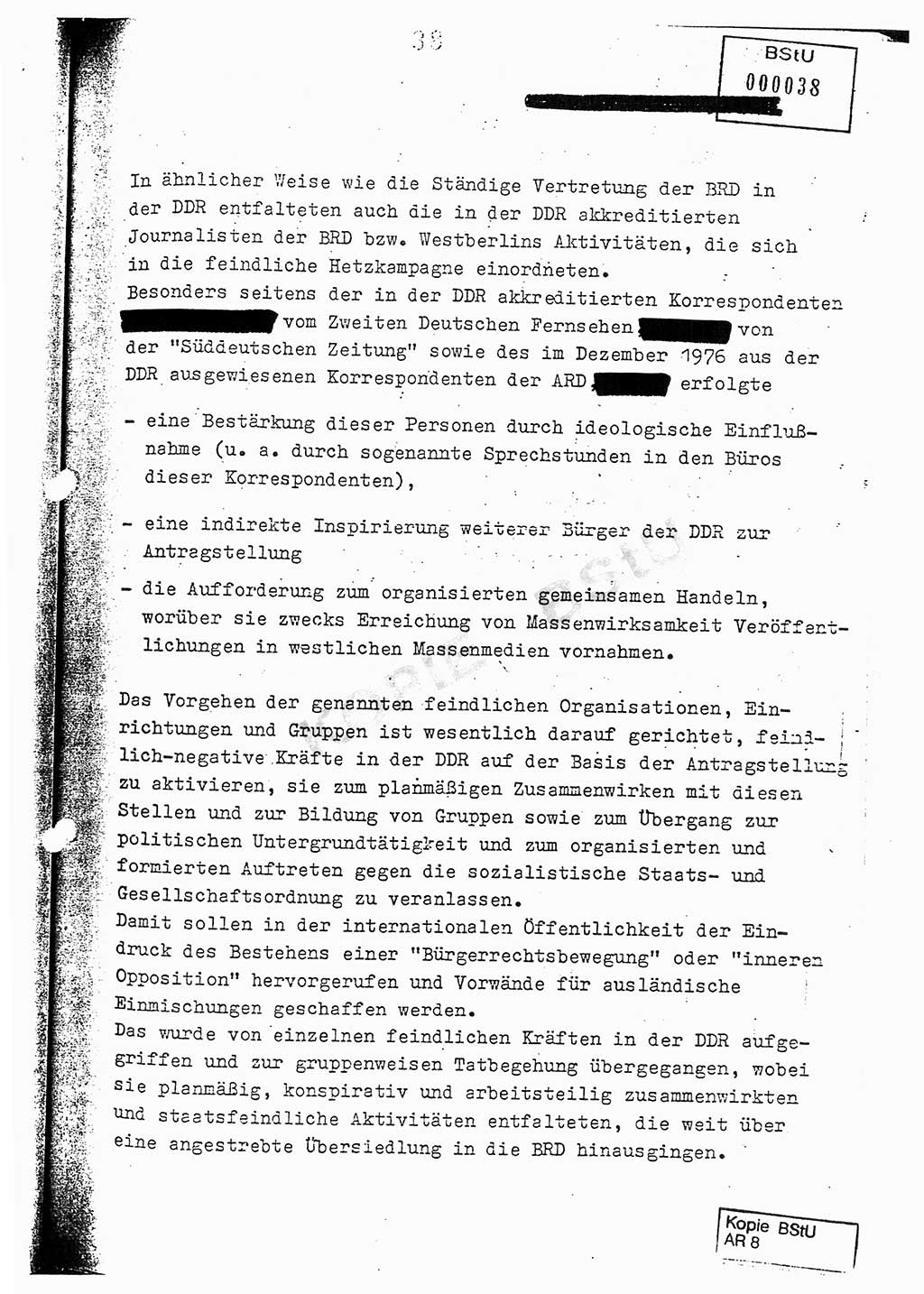 Jahresbericht der Hauptabteilung (HA) Ⅸ 1976, Analyse über die Entwicklung und die Wirksamkeit der politisch-operativen Arbeit der Linie Ⅸ im Jahre 1976, Ministerium für Staatssicherheit (MfS) der Deutschen Demokratischen Republik (DDR), Hauptabteilung Ⅸ, Berlin 1977, Seite 38 (Anal. MfS DDR HA Ⅸ /76 1977, S. 38)