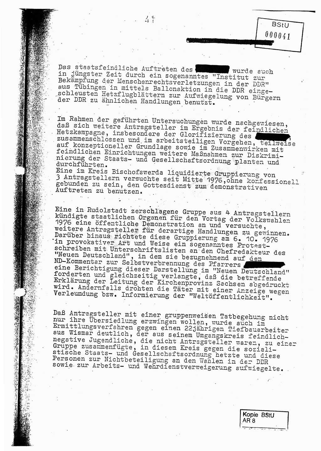 Jahresbericht der Hauptabteilung (HA) Ⅸ 1976, Analyse über die Entwicklung und die Wirksamkeit der politisch-operativen Arbeit der Linie Ⅸ im Jahre 1976, Ministerium für Staatssicherheit (MfS) der Deutschen Demokratischen Republik (DDR), Hauptabteilung Ⅸ, Berlin 1977, Seite 41 (Anal. MfS DDR HA Ⅸ /76 1977, S. 41)