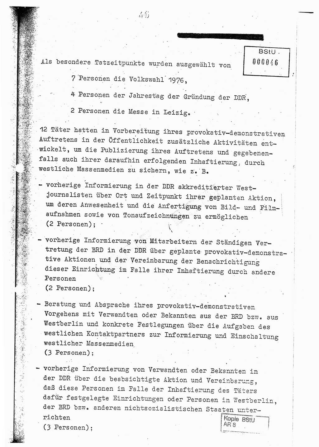 Jahresbericht der Hauptabteilung (HA) Ⅸ 1976, Analyse über die Entwicklung und die Wirksamkeit der politisch-operativen Arbeit der Linie Ⅸ im Jahre 1976, Ministerium für Staatssicherheit (MfS) der Deutschen Demokratischen Republik (DDR), Hauptabteilung Ⅸ, Berlin 1977, Seite 46 (Anal. MfS DDR HA Ⅸ /76 1977, S. 46)