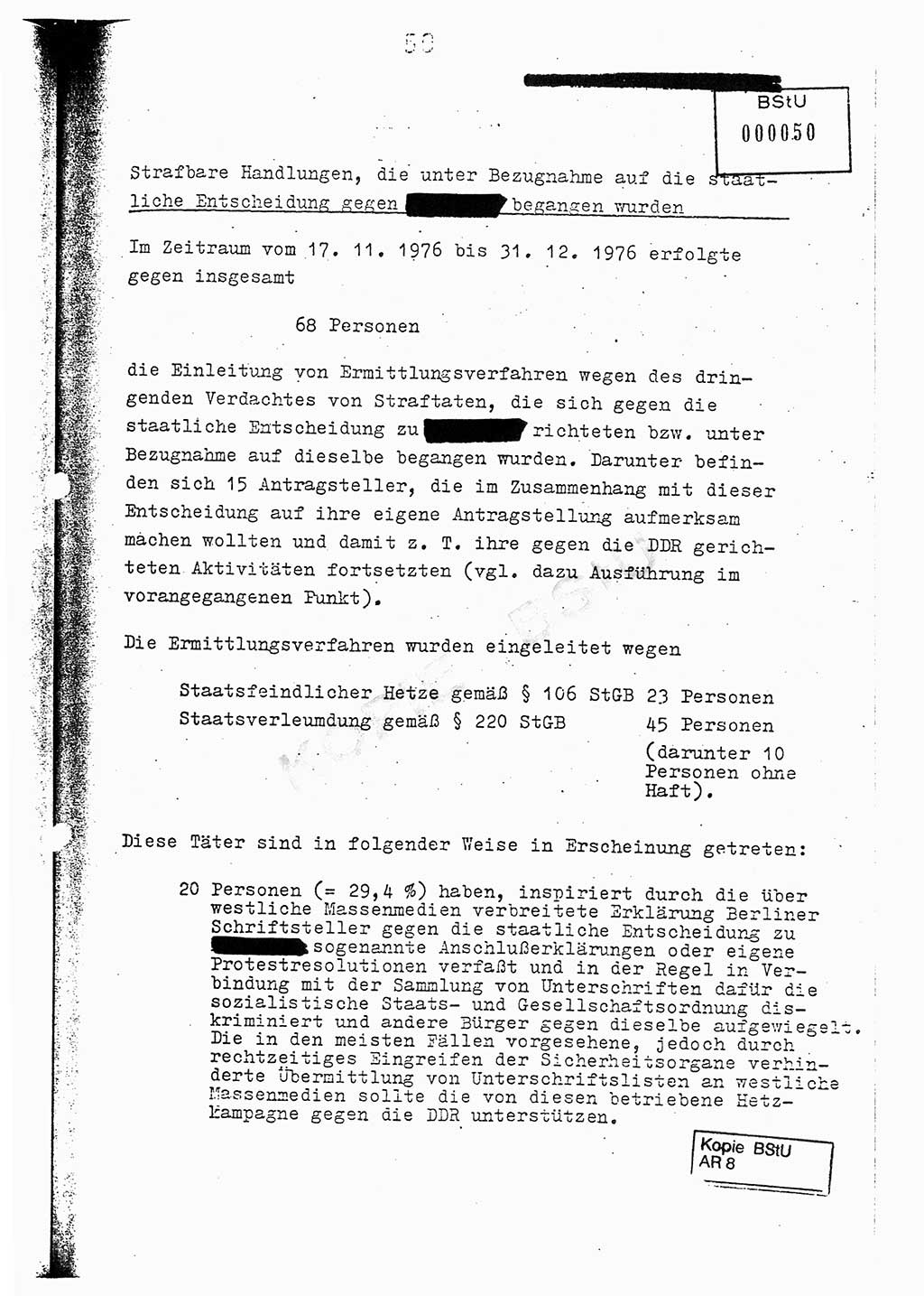 Jahresbericht der Hauptabteilung (HA) Ⅸ 1976, Analyse über die Entwicklung und die Wirksamkeit der politisch-operativen Arbeit der Linie Ⅸ im Jahre 1976, Ministerium für Staatssicherheit (MfS) der Deutschen Demokratischen Republik (DDR), Hauptabteilung Ⅸ, Berlin 1977, Seite 50 (Anal. MfS DDR HA Ⅸ /76 1977, S. 50)