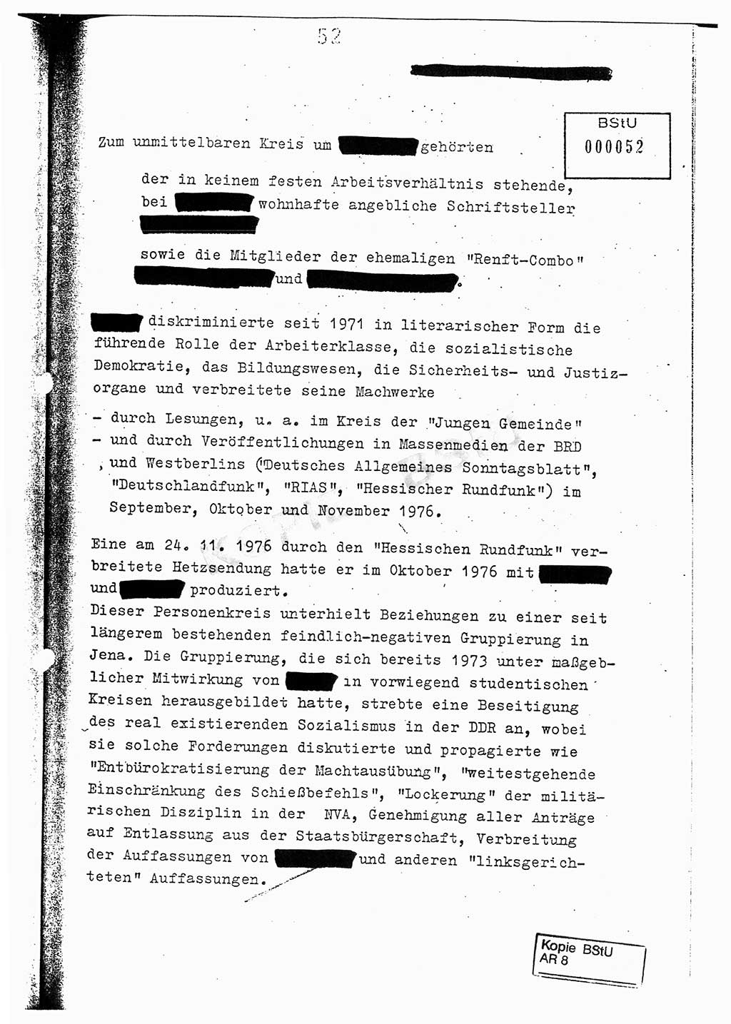 Jahresbericht der Hauptabteilung (HA) Ⅸ 1976, Analyse über die Entwicklung und die Wirksamkeit der politisch-operativen Arbeit der Linie Ⅸ im Jahre 1976, Ministerium für Staatssicherheit (MfS) der Deutschen Demokratischen Republik (DDR), Hauptabteilung Ⅸ, Berlin 1977, Seite 52 (Anal. MfS DDR HA Ⅸ /76 1977, S. 52)