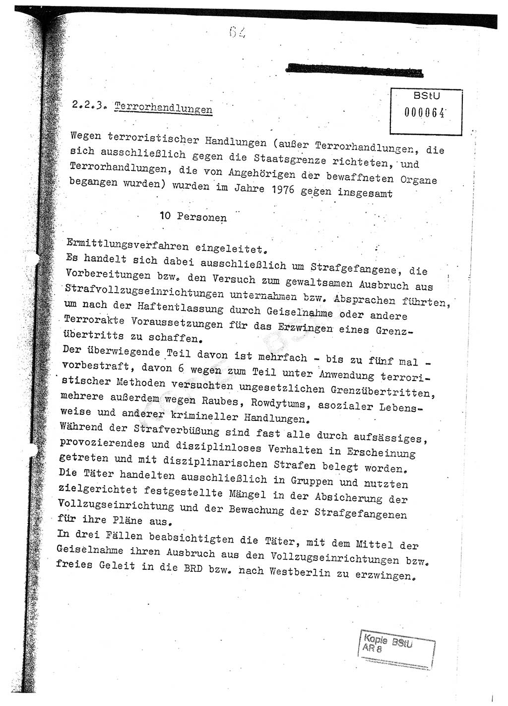 Jahresbericht der Hauptabteilung (HA) Ⅸ 1976, Analyse über die Entwicklung und die Wirksamkeit der politisch-operativen Arbeit der Linie Ⅸ im Jahre 1976, Ministerium für Staatssicherheit (MfS) der Deutschen Demokratischen Republik (DDR), Hauptabteilung Ⅸ, Berlin 1977, Seite 64 (Anal. MfS DDR HA Ⅸ /76 1977, S. 64)