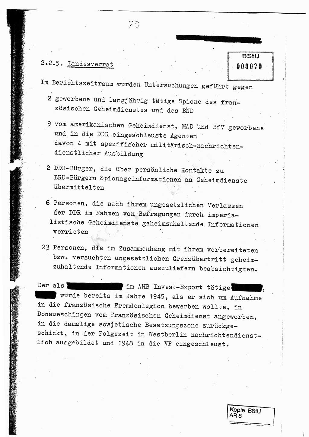 Jahresbericht der Hauptabteilung (HA) Ⅸ 1976, Analyse über die Entwicklung und die Wirksamkeit der politisch-operativen Arbeit der Linie Ⅸ im Jahre 1976, Ministerium für Staatssicherheit (MfS) der Deutschen Demokratischen Republik (DDR), Hauptabteilung Ⅸ, Berlin 1977, Seite 70 (Anal. MfS DDR HA Ⅸ /76 1977, S. 70)