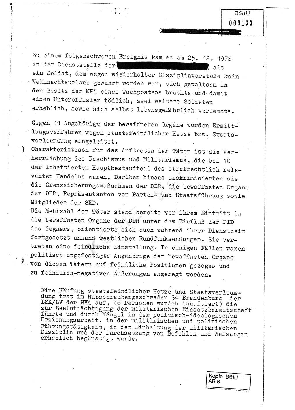 Jahresbericht der Hauptabteilung (HA) Ⅸ 1976, Analyse über die Entwicklung und die Wirksamkeit der politisch-operativen Arbeit der Linie Ⅸ im Jahre 1976, Ministerium für Staatssicherheit (MfS) der Deutschen Demokratischen Republik (DDR), Hauptabteilung Ⅸ, Berlin 1977, Seite 133 (Anal. MfS DDR HA Ⅸ /76 1977, S. 133)