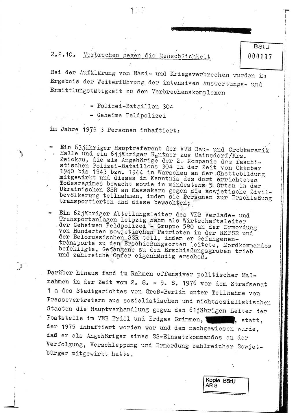 Jahresbericht der Hauptabteilung (HA) Ⅸ 1976, Analyse über die Entwicklung und die Wirksamkeit der politisch-operativen Arbeit der Linie Ⅸ im Jahre 1976, Ministerium für Staatssicherheit (MfS) der Deutschen Demokratischen Republik (DDR), Hauptabteilung Ⅸ, Berlin 1977, Seite 137 (Anal. MfS DDR HA Ⅸ /76 1977, S. 137)