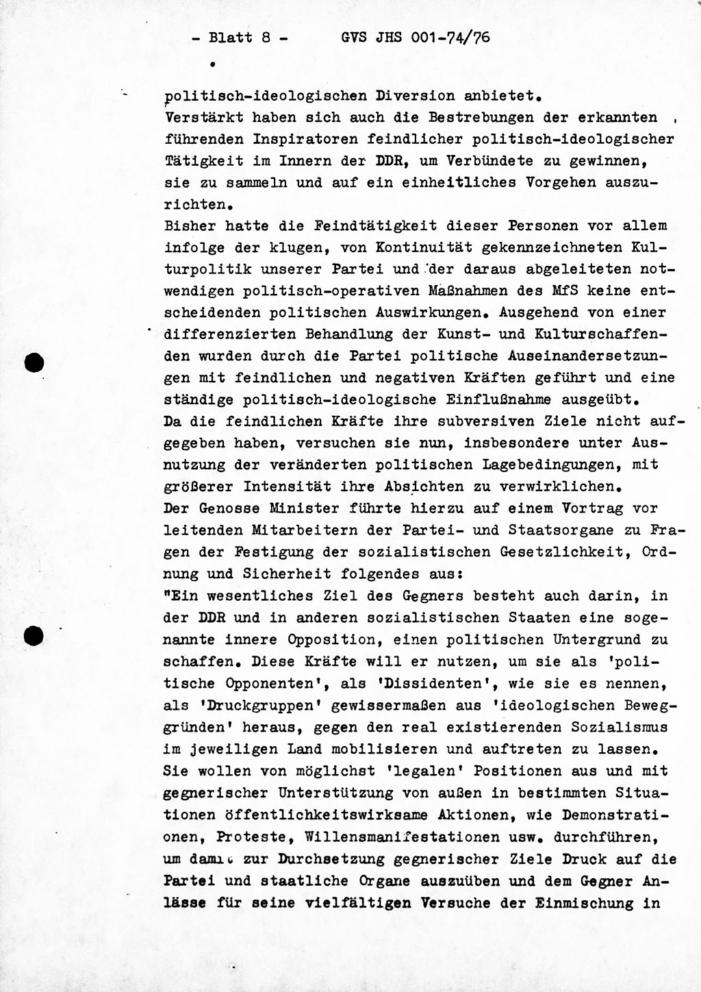 Diplomarbeit Hauptmann Joachim Tischendorf (HA ⅩⅩ), Ministerium für Staatssicherheit (MfS) der Deutschen Demokratischen Republik (DDR), Juristische Hochschule (JHS), Geheime Verschlußsache (GVS) 001-74/76, Potsdam 1976, Seite 8 (Dipl.-Arb. MfS DDR JHS GVS 001-74/76 1976, S. 8)