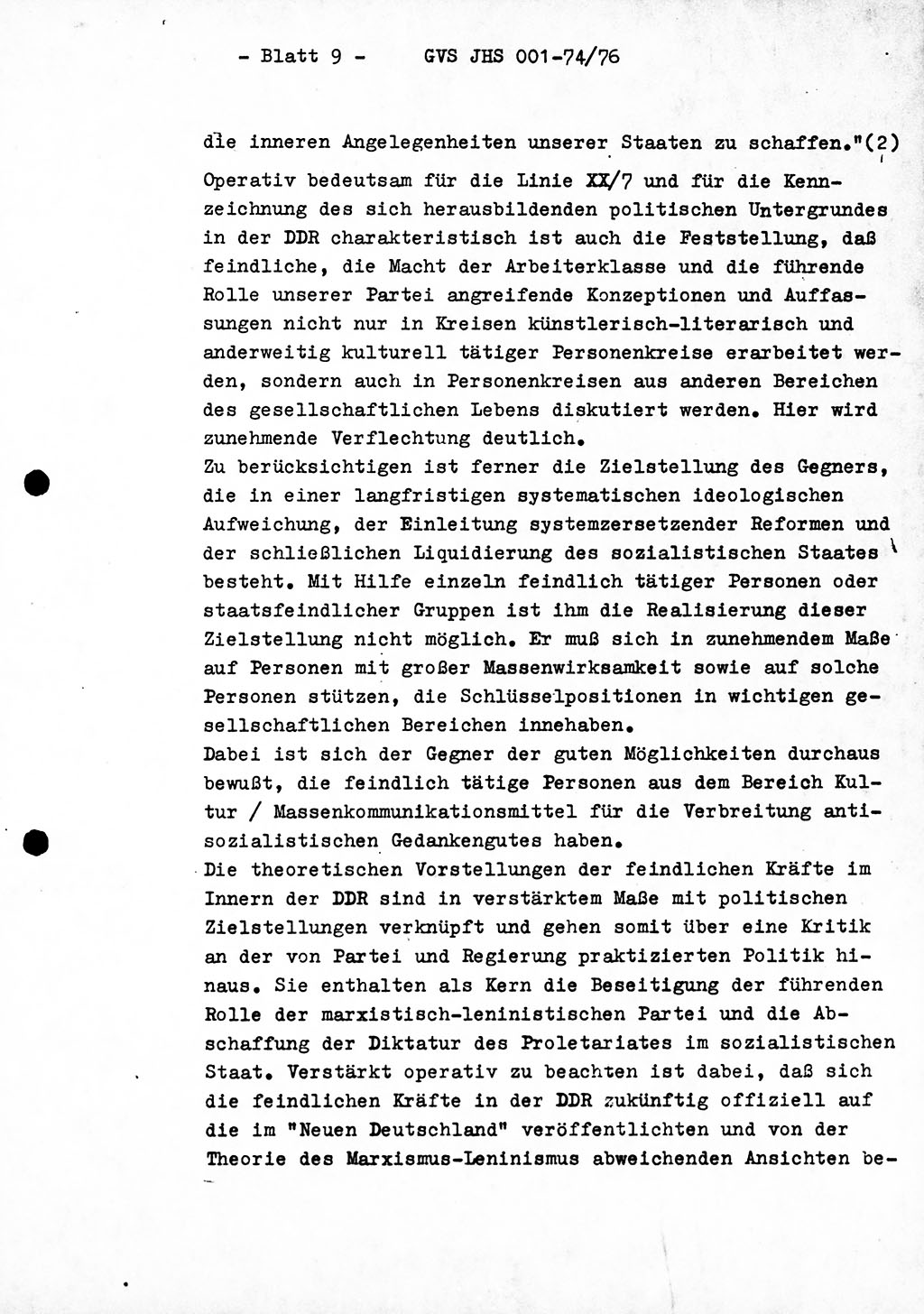 Diplomarbeit Hauptmann Joachim Tischendorf (HA ⅩⅩ), Ministerium für Staatssicherheit (MfS) der Deutschen Demokratischen Republik (DDR), Juristische Hochschule (JHS), Geheime Verschlußsache (GVS) 001-74/76, Potsdam 1976, Seite 9 (Dipl.-Arb. MfS DDR JHS GVS 001-74/76 1976, S. 9)