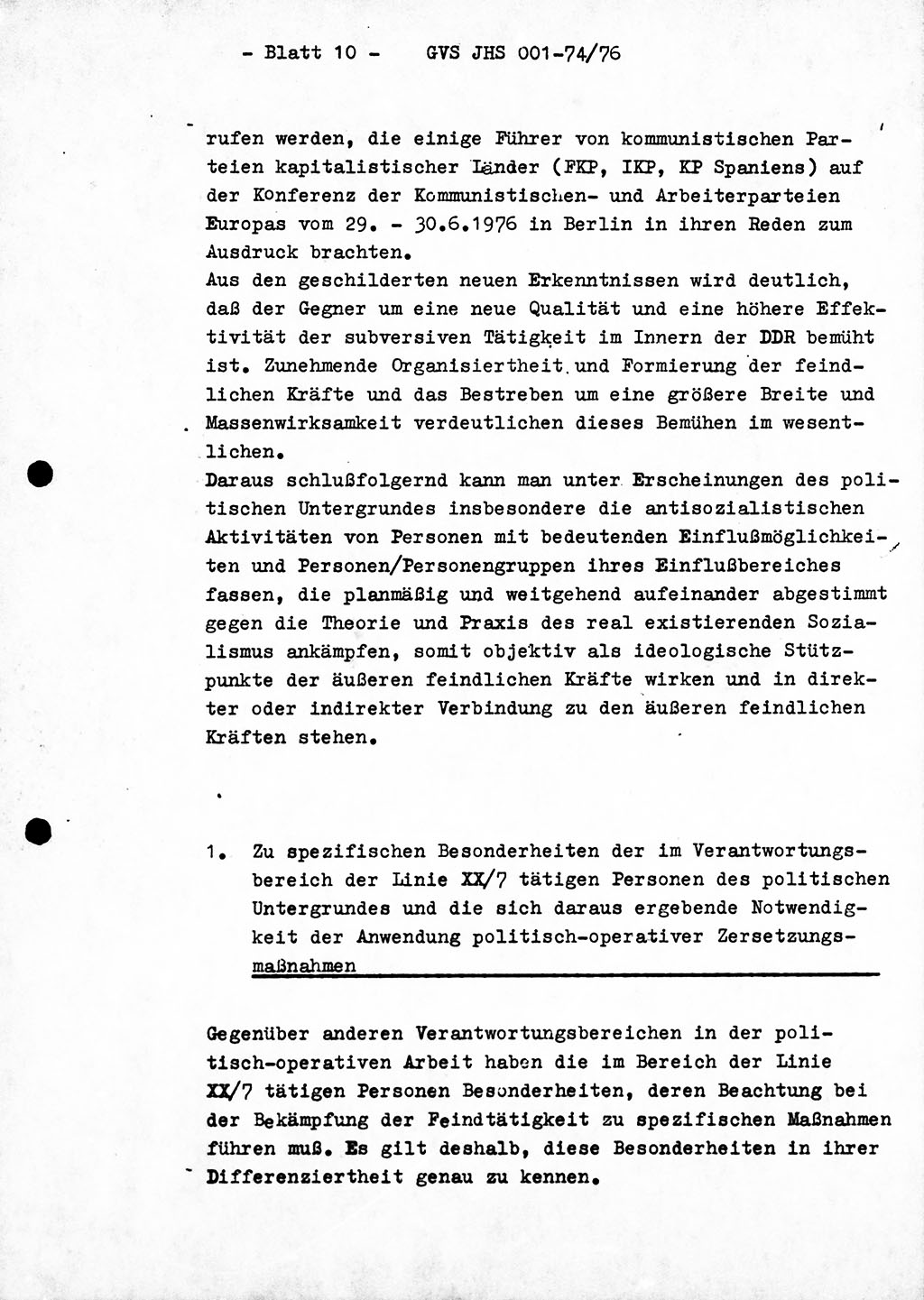 Diplomarbeit Hauptmann Joachim Tischendorf (HA ⅩⅩ), Ministerium für Staatssicherheit (MfS) der Deutschen Demokratischen Republik (DDR), Juristische Hochschule (JHS), Geheime Verschlußsache (GVS) 001-74/76, Potsdam 1976, Seite 10 (Dipl.-Arb. MfS DDR JHS GVS 001-74/76 1976, S. 10)