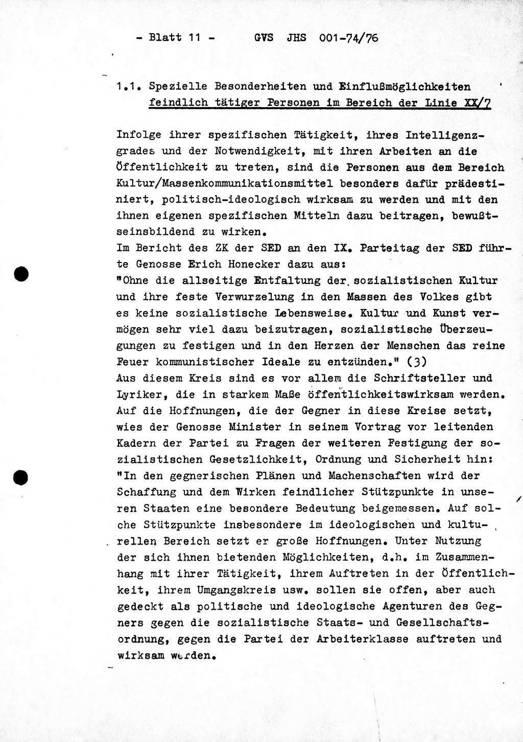 Diplomarbeit Hauptmann Joachim Tischendorf (HA ⅩⅩ), Ministerium für Staatssicherheit (MfS) der Deutschen Demokratischen Republik (DDR), Juristische Hochschule (JHS), Geheime Verschlußsache (GVS) 001-74/76, Potsdam 1976, Seite 11 (Dipl.-Arb. MfS DDR JHS GVS 001-74/76 1976, S. 11)