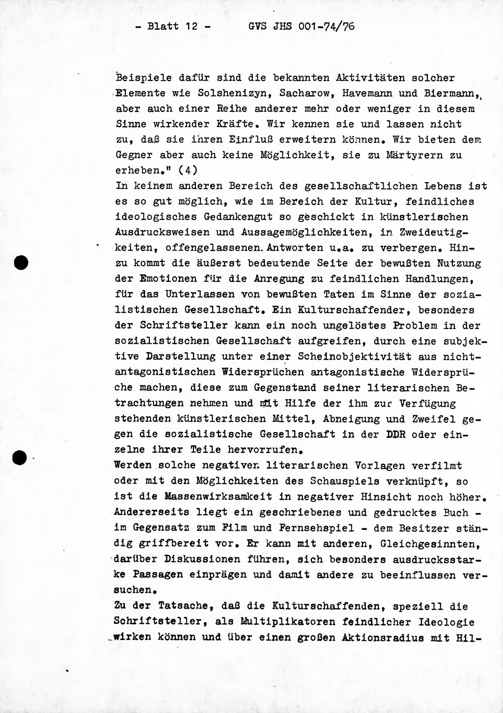 Diplomarbeit Hauptmann Joachim Tischendorf (HA ⅩⅩ), Ministerium für Staatssicherheit (MfS) der Deutschen Demokratischen Republik (DDR), Juristische Hochschule (JHS), Geheime Verschlußsache (GVS) 001-74/76, Potsdam 1976, Seite 12 (Dipl.-Arb. MfS DDR JHS GVS 001-74/76 1976, S. 12)