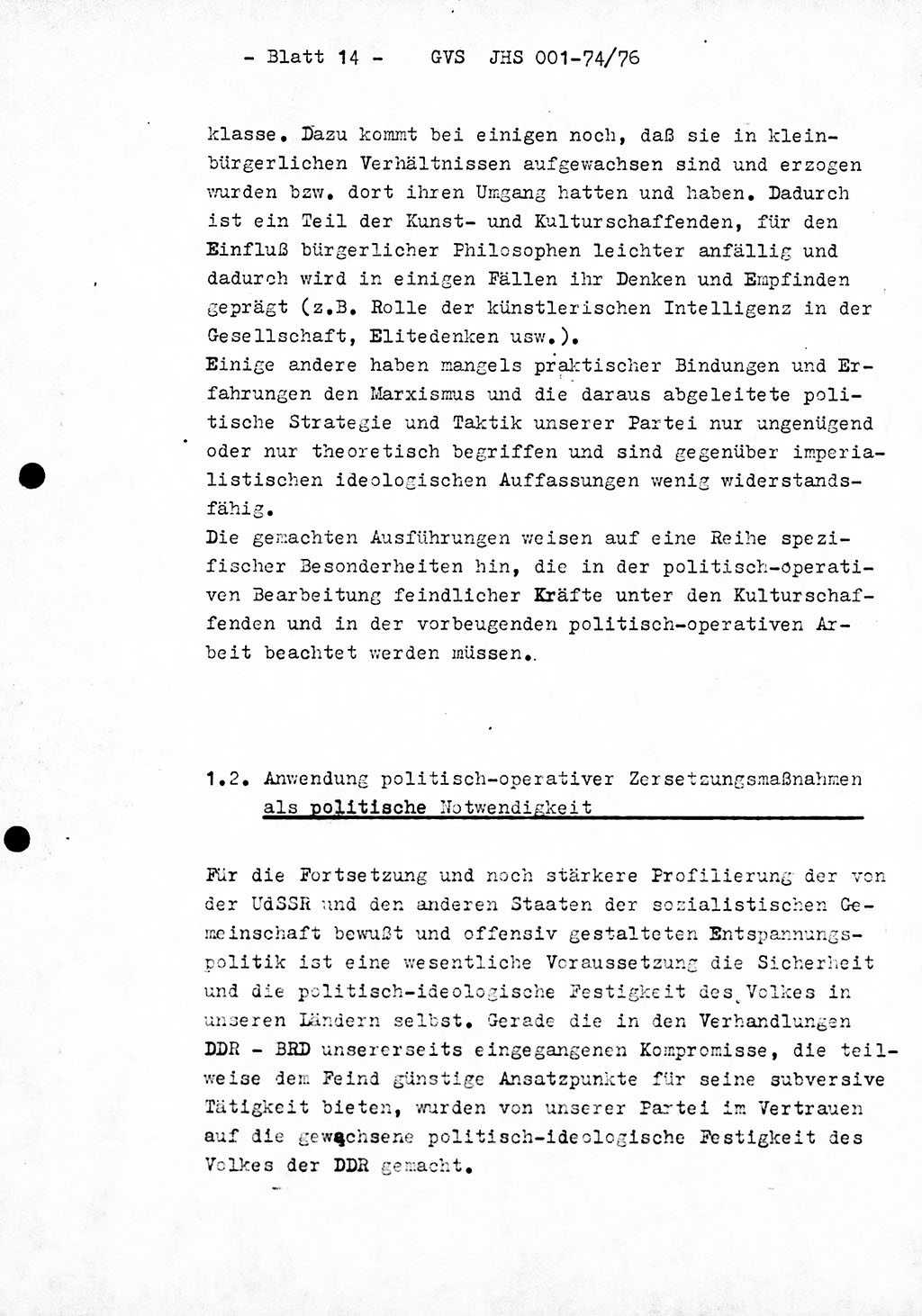 Diplomarbeit Hauptmann Joachim Tischendorf (HA ⅩⅩ), Ministerium für Staatssicherheit (MfS) der Deutschen Demokratischen Republik (DDR), Juristische Hochschule (JHS), Geheime Verschlußsache (GVS) 001-74/76, Potsdam 1976, Seite 14 (Dipl.-Arb. MfS DDR JHS GVS 001-74/76 1976, S. 14)