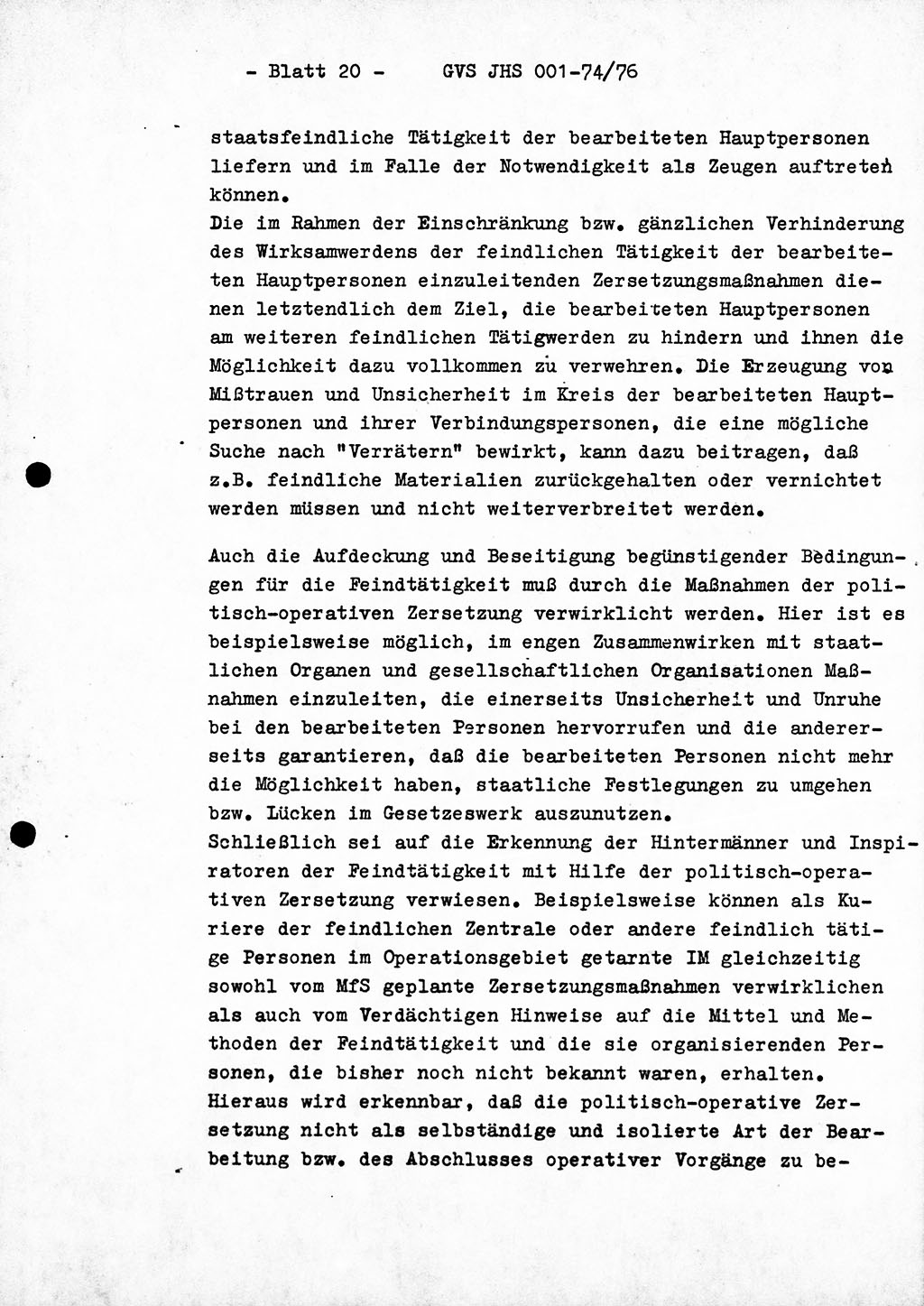 Diplomarbeit Hauptmann Joachim Tischendorf (HA ⅩⅩ), Ministerium für Staatssicherheit (MfS) der Deutschen Demokratischen Republik (DDR), Juristische Hochschule (JHS), Geheime Verschlußsache (GVS) 001-74/76, Potsdam 1976, Seite 20 (Dipl.-Arb. MfS DDR JHS GVS 001-74/76 1976, S. 20)