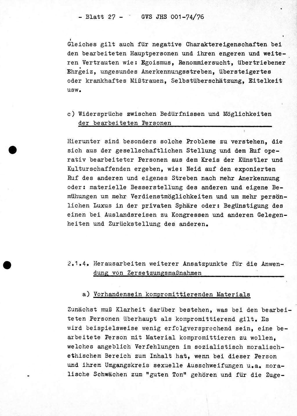 Diplomarbeit Hauptmann Joachim Tischendorf (HA ⅩⅩ), Ministerium für Staatssicherheit (MfS) der Deutschen Demokratischen Republik (DDR), Juristische Hochschule (JHS), Geheime Verschlußsache (GVS) 001-74/76, Potsdam 1976, Seite 27 (Dipl.-Arb. MfS DDR JHS GVS 001-74/76 1976, S. 27)