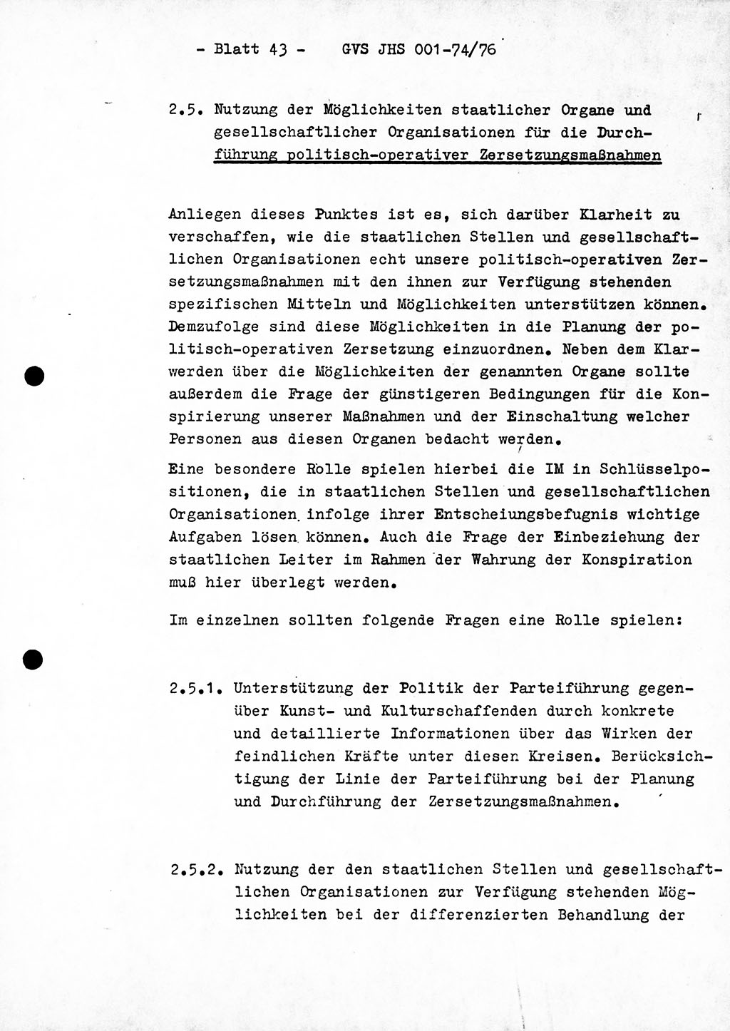 Diplomarbeit Hauptmann Joachim Tischendorf (HA ⅩⅩ), Ministerium für Staatssicherheit (MfS) der Deutschen Demokratischen Republik (DDR), Juristische Hochschule (JHS), Geheime Verschlußsache (GVS) 001-74/76, Potsdam 1976, Seite 43 (Dipl.-Arb. MfS DDR JHS GVS 001-74/76 1976, S. 43)