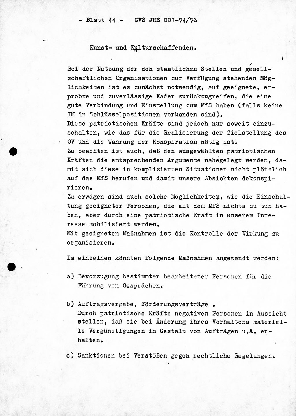 Diplomarbeit Hauptmann Joachim Tischendorf (HA ⅩⅩ), Ministerium für Staatssicherheit (MfS) der Deutschen Demokratischen Republik (DDR), Juristische Hochschule (JHS), Geheime Verschlußsache (GVS) 001-74/76, Potsdam 1976, Seite 44 (Dipl.-Arb. MfS DDR JHS GVS 001-74/76 1976, S. 44)